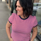 Red, White & Navy Short Sleeve Striped Top Tops- Tees STACCATO