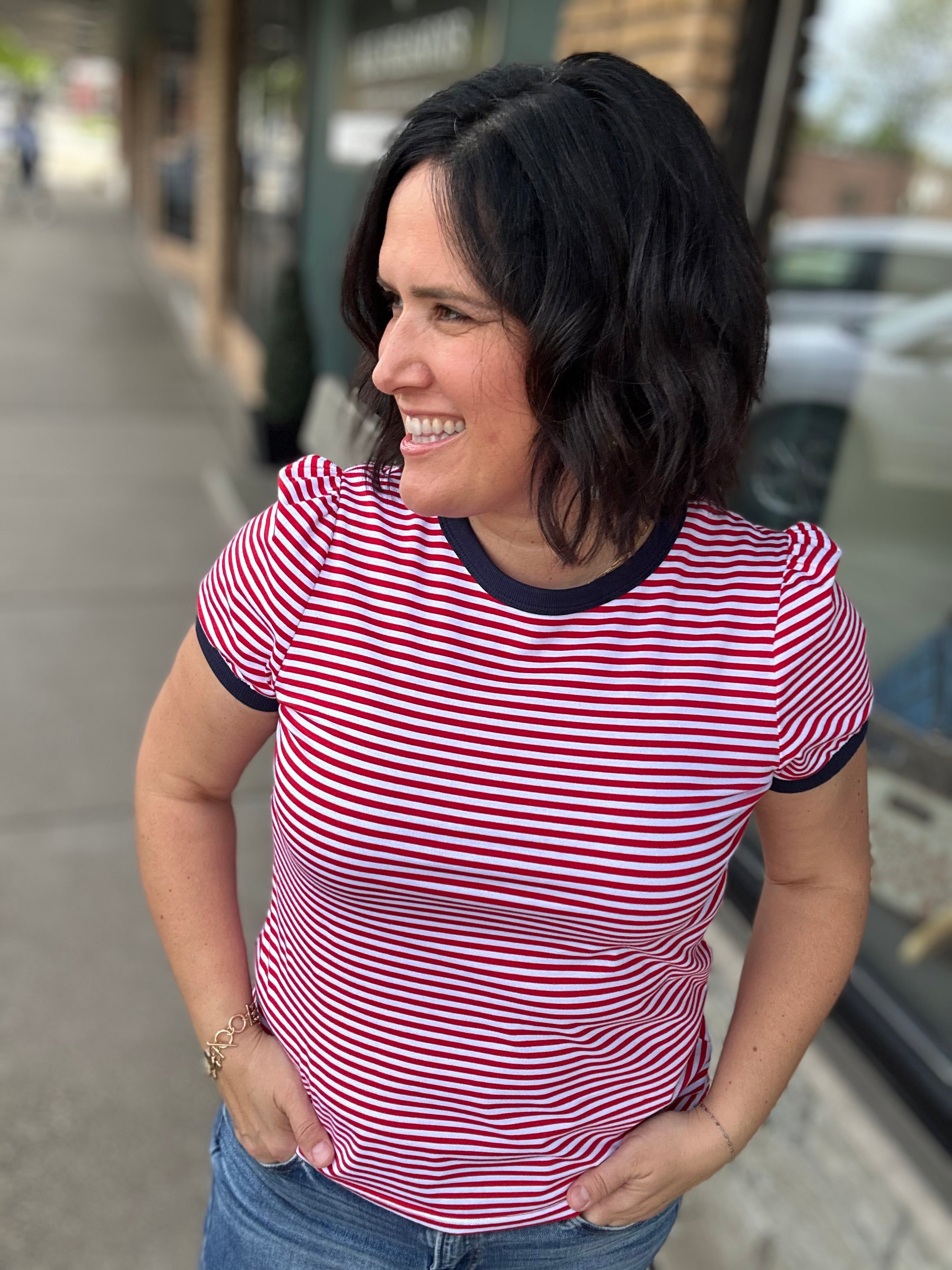 Red, White & Navy Short Sleeve Striped Top Tops- Tees STACCATO