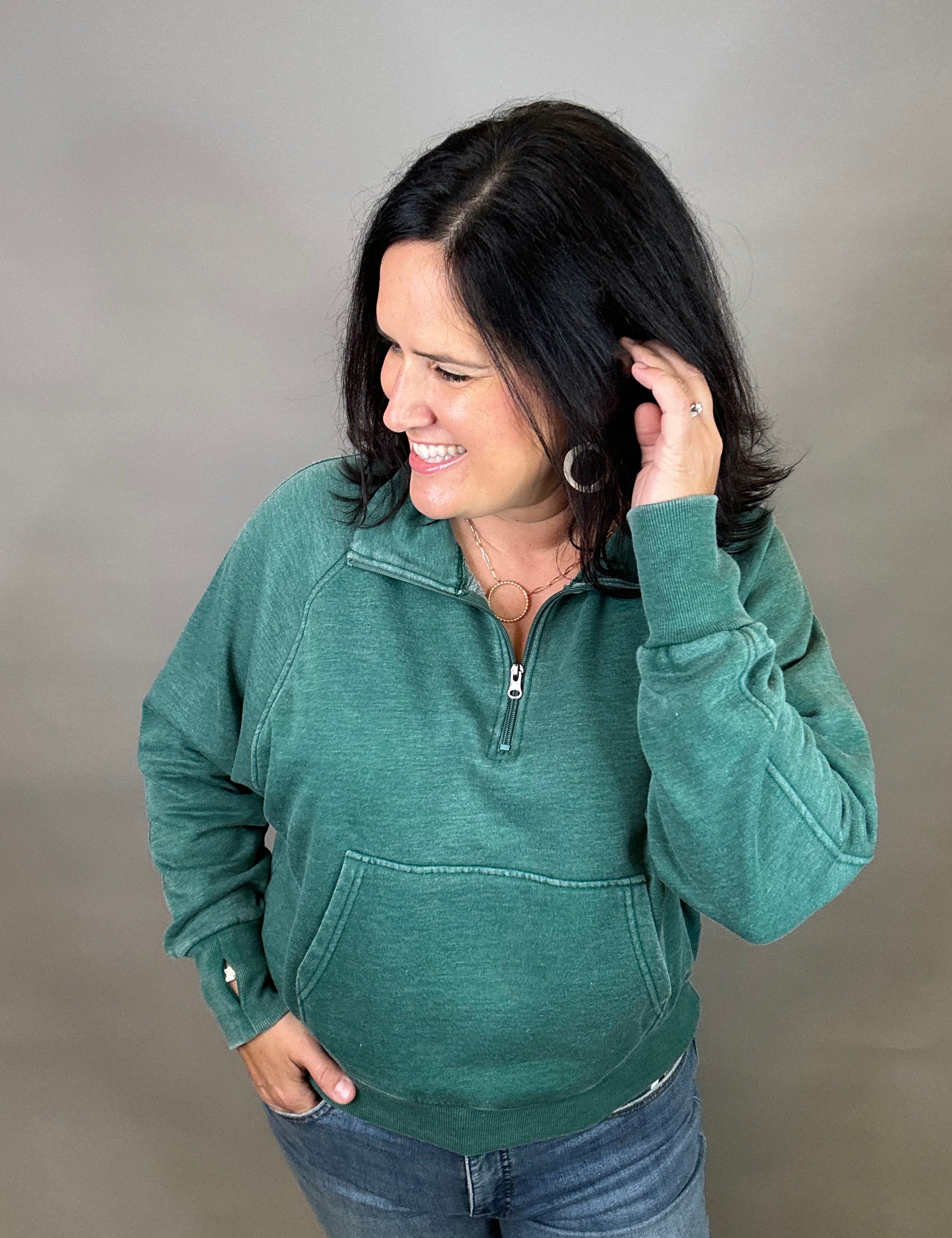 Green Quarter Zip Sweatshirt Top - Sweatshirt PANACHE