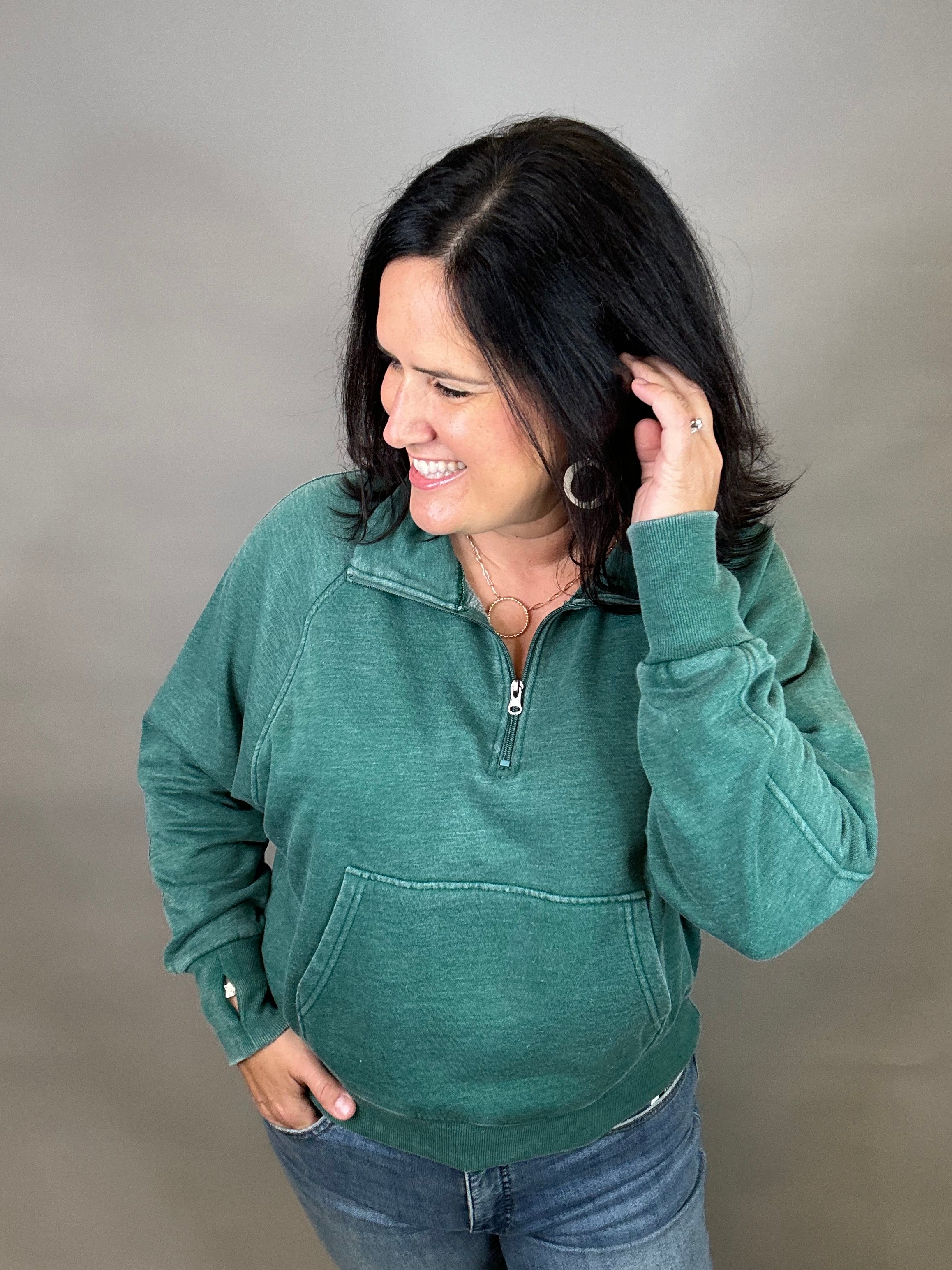 Green Quarter Zip Sweatshirt Top - Sweatshirt PANACHE