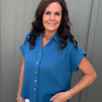 Blue Gauze Button Down Top Tops - Button Ups COZY CO.