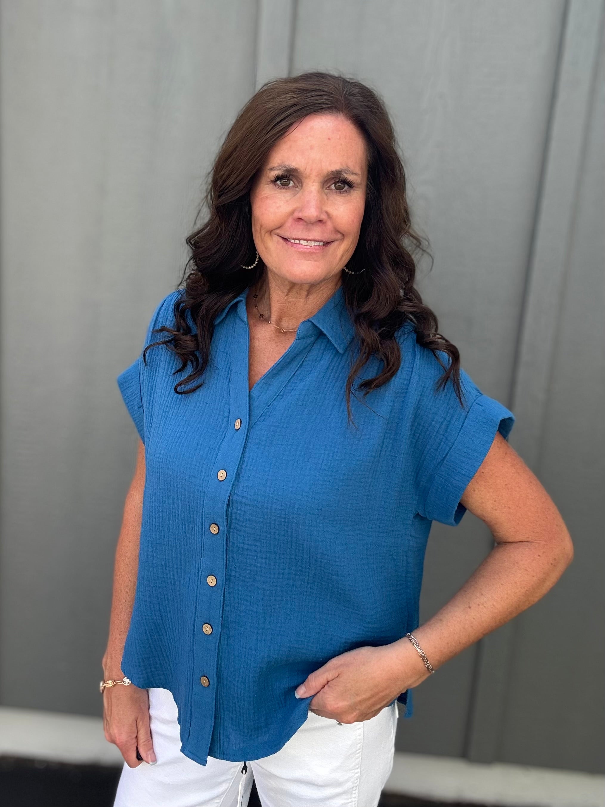 Blue Gauze Button Down Top Tops - Button Ups COZY CO.