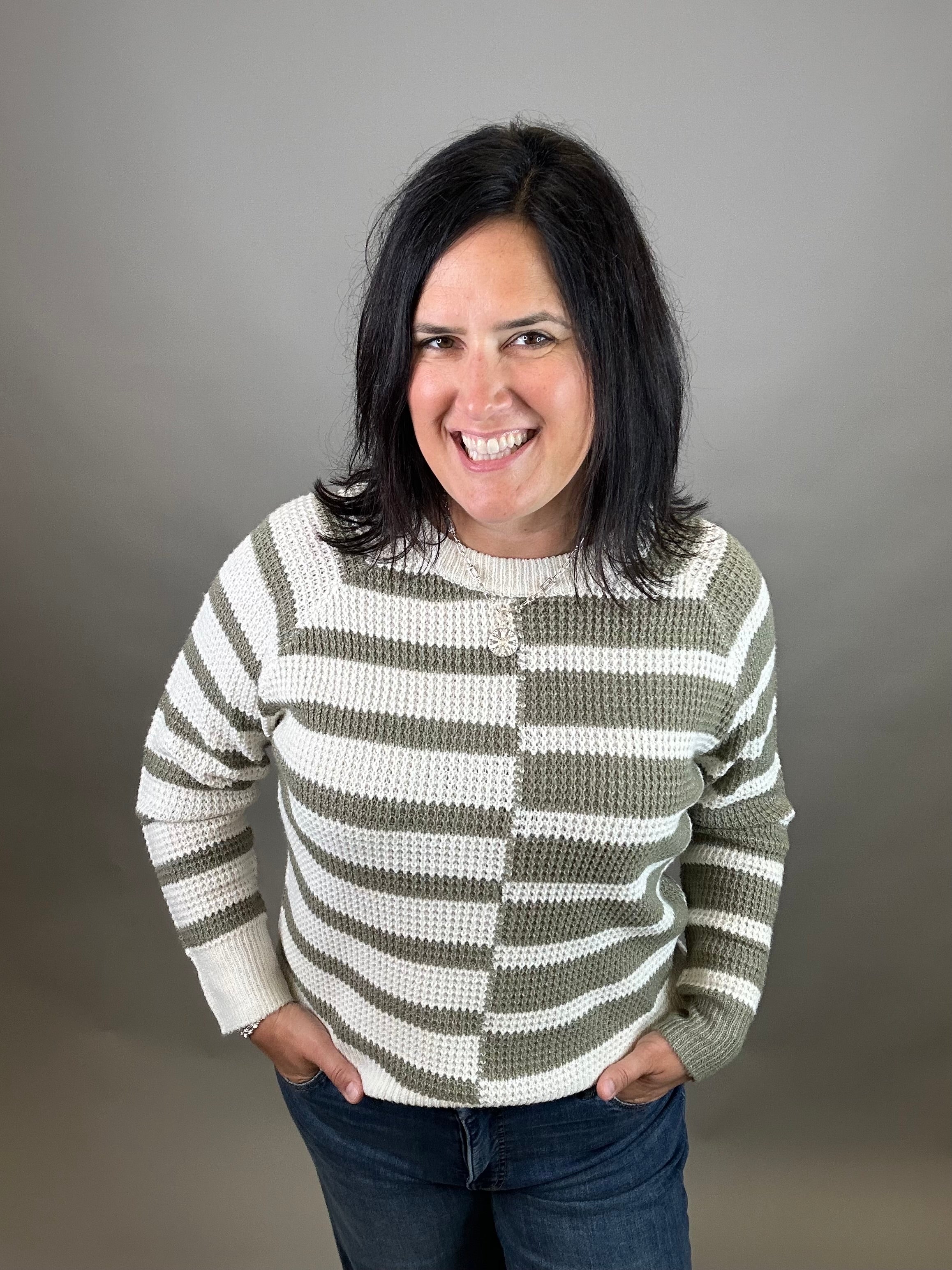 Lt. Olive Multi Stripe Raglan Sweater Top - Sweater STACCATO