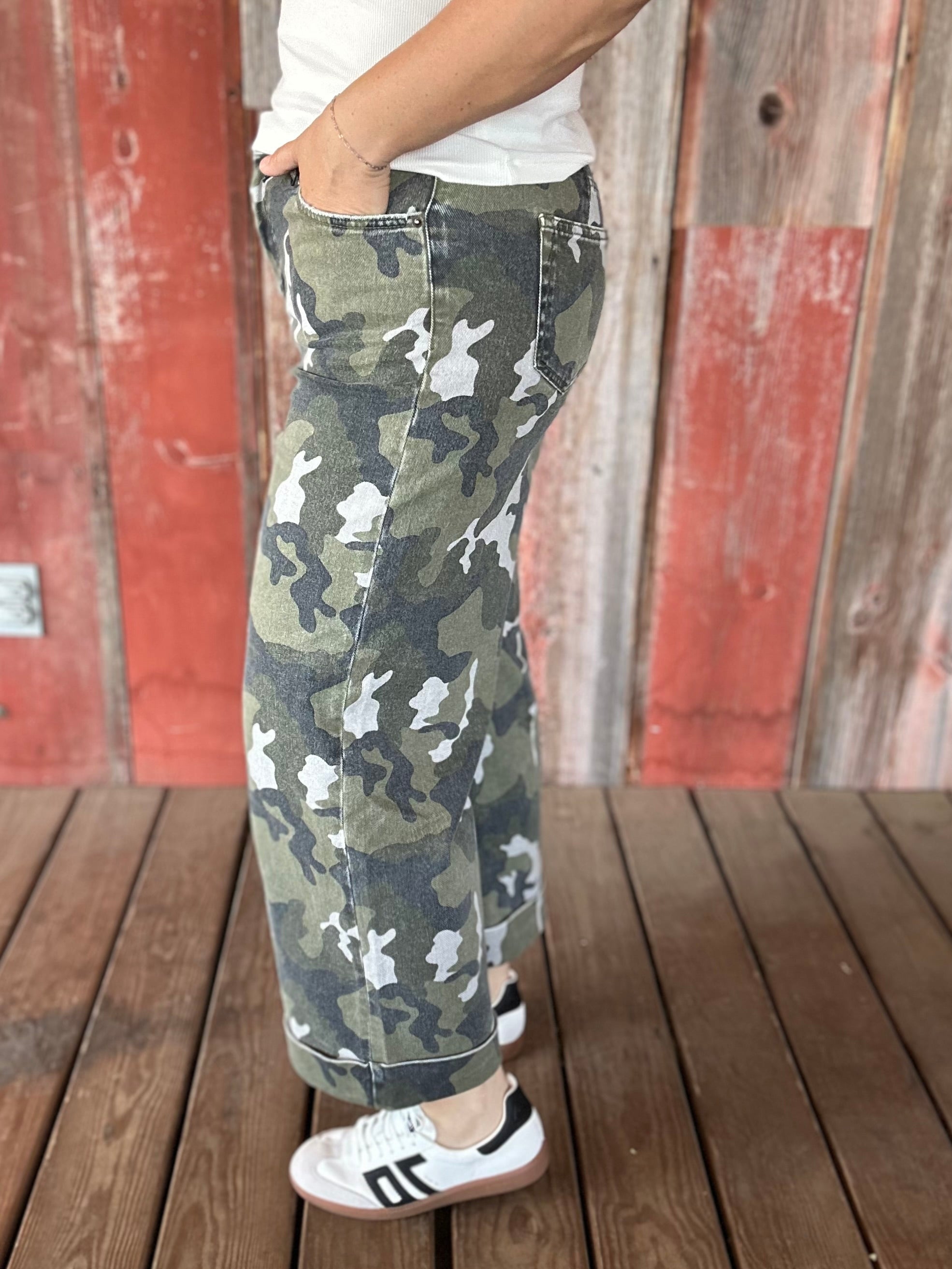 Green Camo Wide Leg Jeans Bottoms - Pants MICA DENIM
