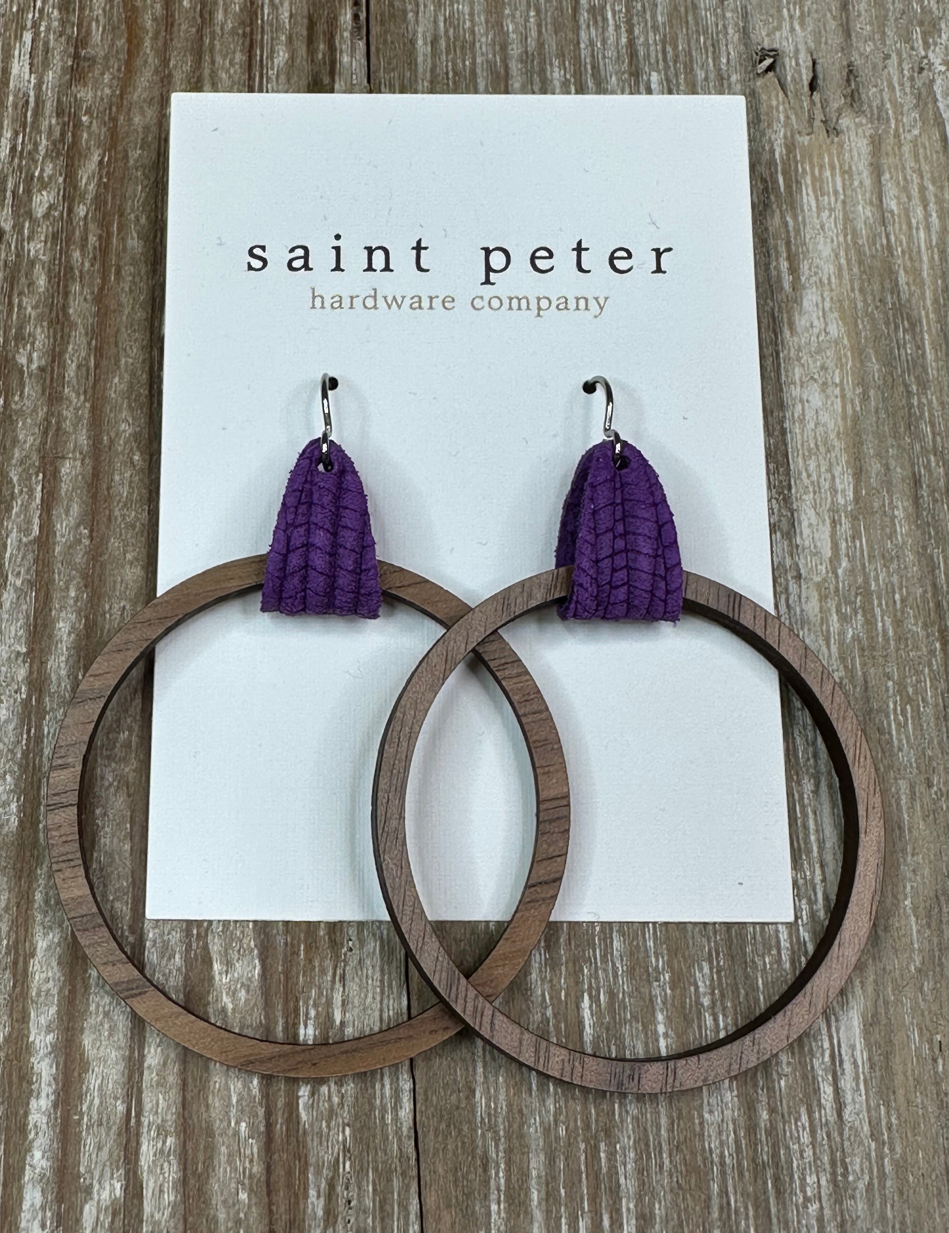 Large Circle Earrings w/ Purple Leather Jewelry - Earrings St. Peter Hardware