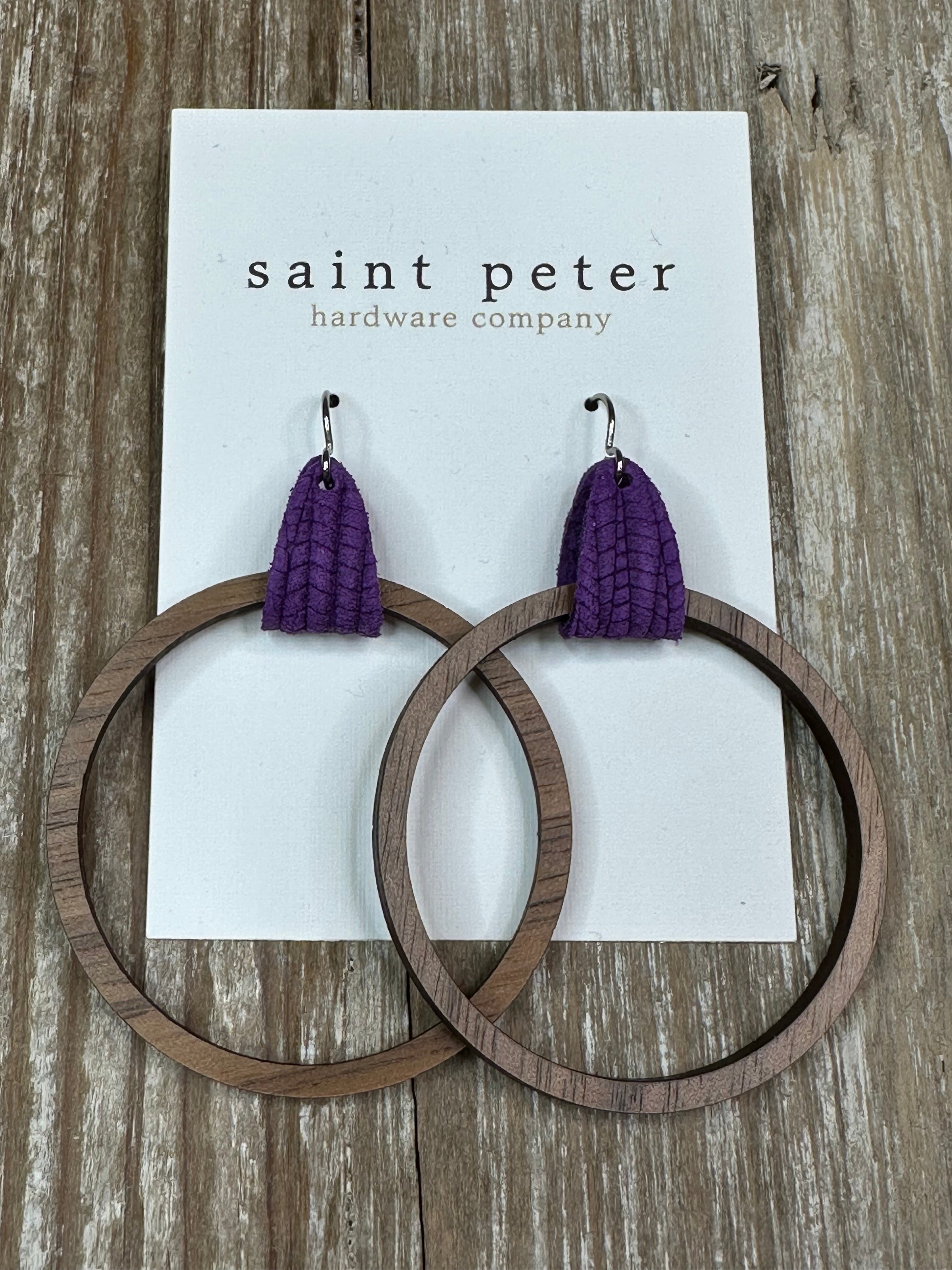 Large Circle Earrings w/ Purple Leather Jewelry - Earrings St. Peter Hardware