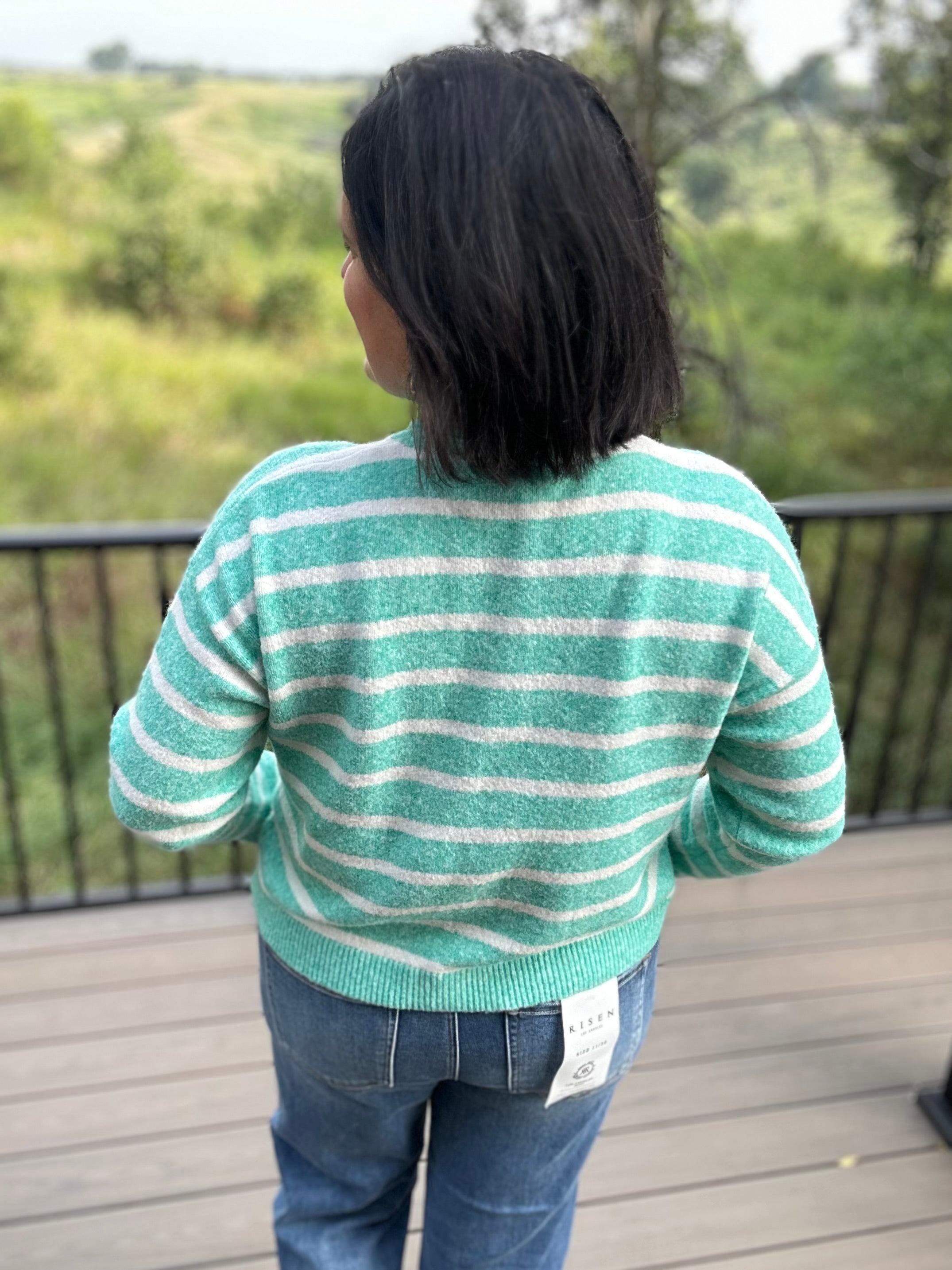 Green Cream Stripe Cardigan Sweater Tops- Cardigans WISHLIST
