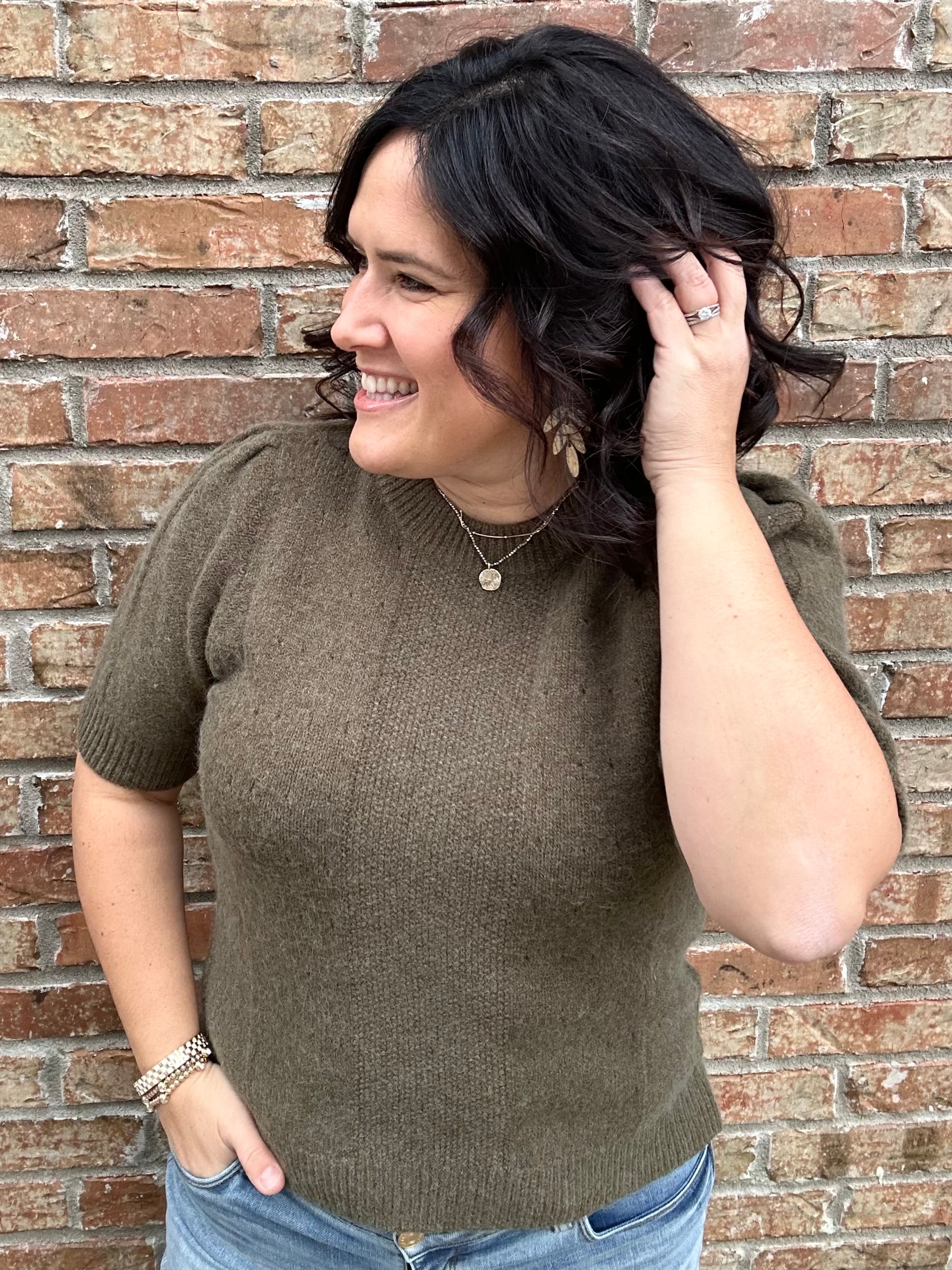 Olive Aura Short Sleeve Sweater Top - Sweater JODIFL