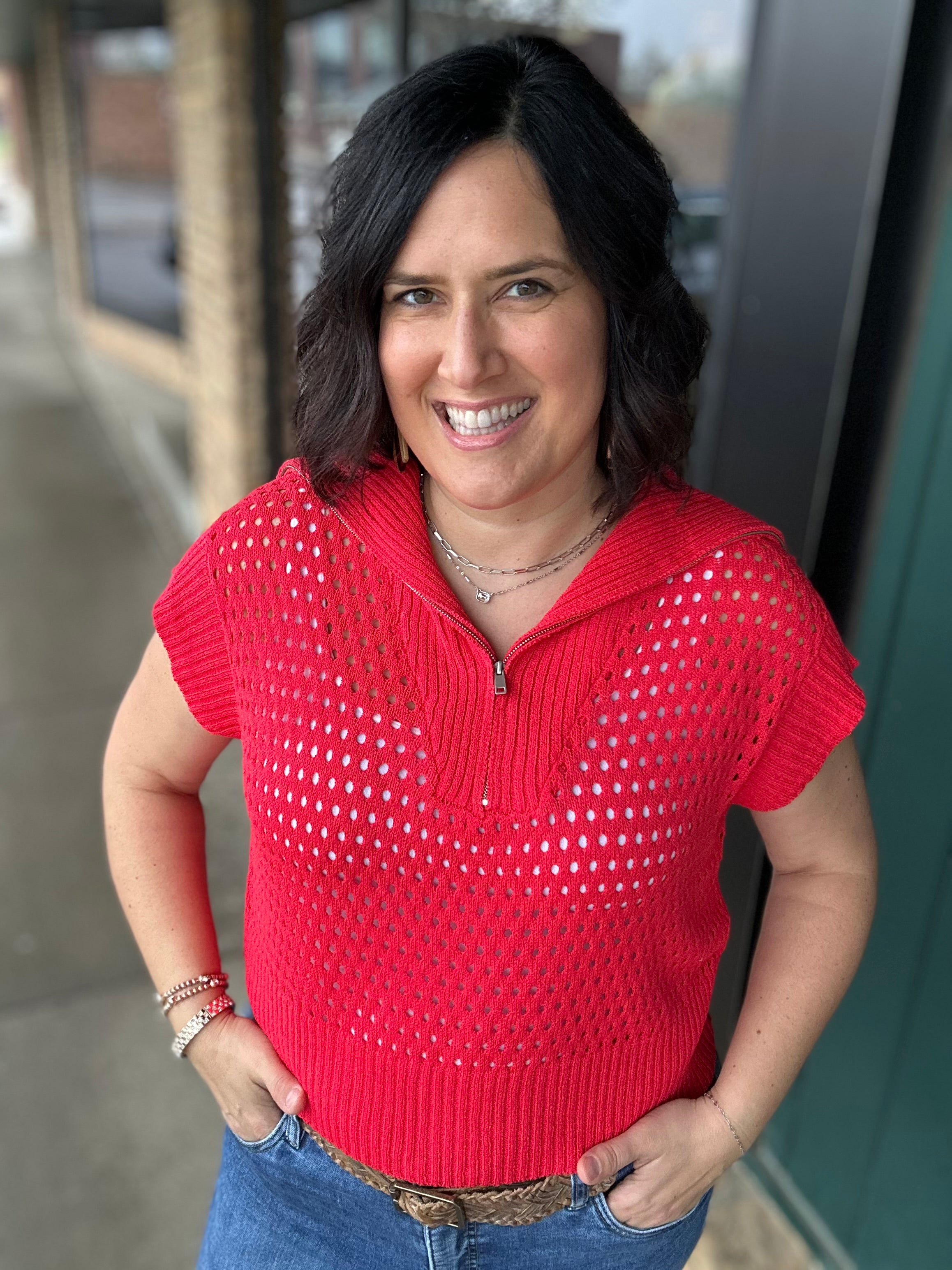Red Zip Up Sweater Top - Sweater Mystree