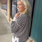 Black Oatmeal Notch Neck LS Stripe Top Top - Sweatshirt STACCATO