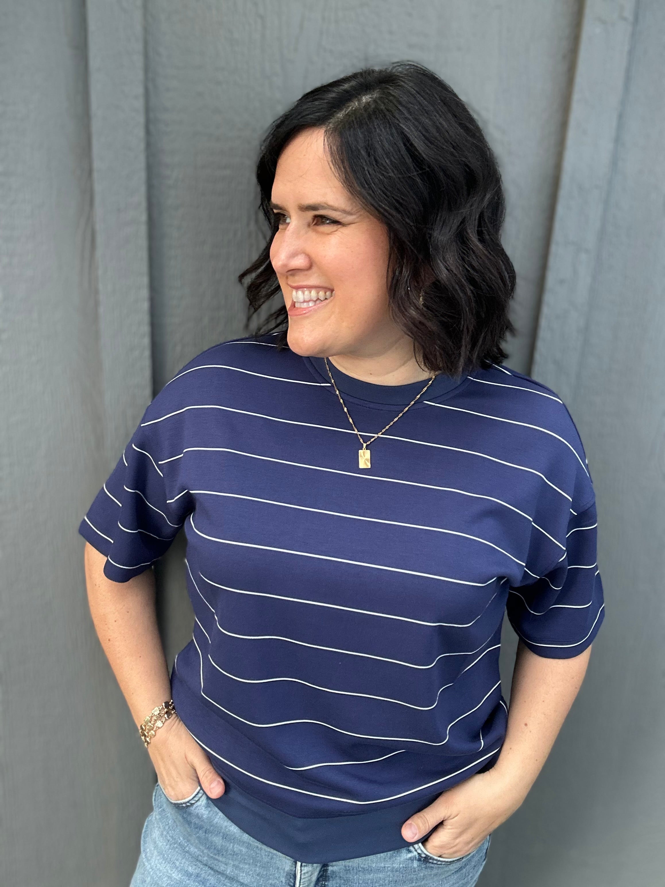 Navy Striped Crew Neck Top Top - Tee RAE MODE
