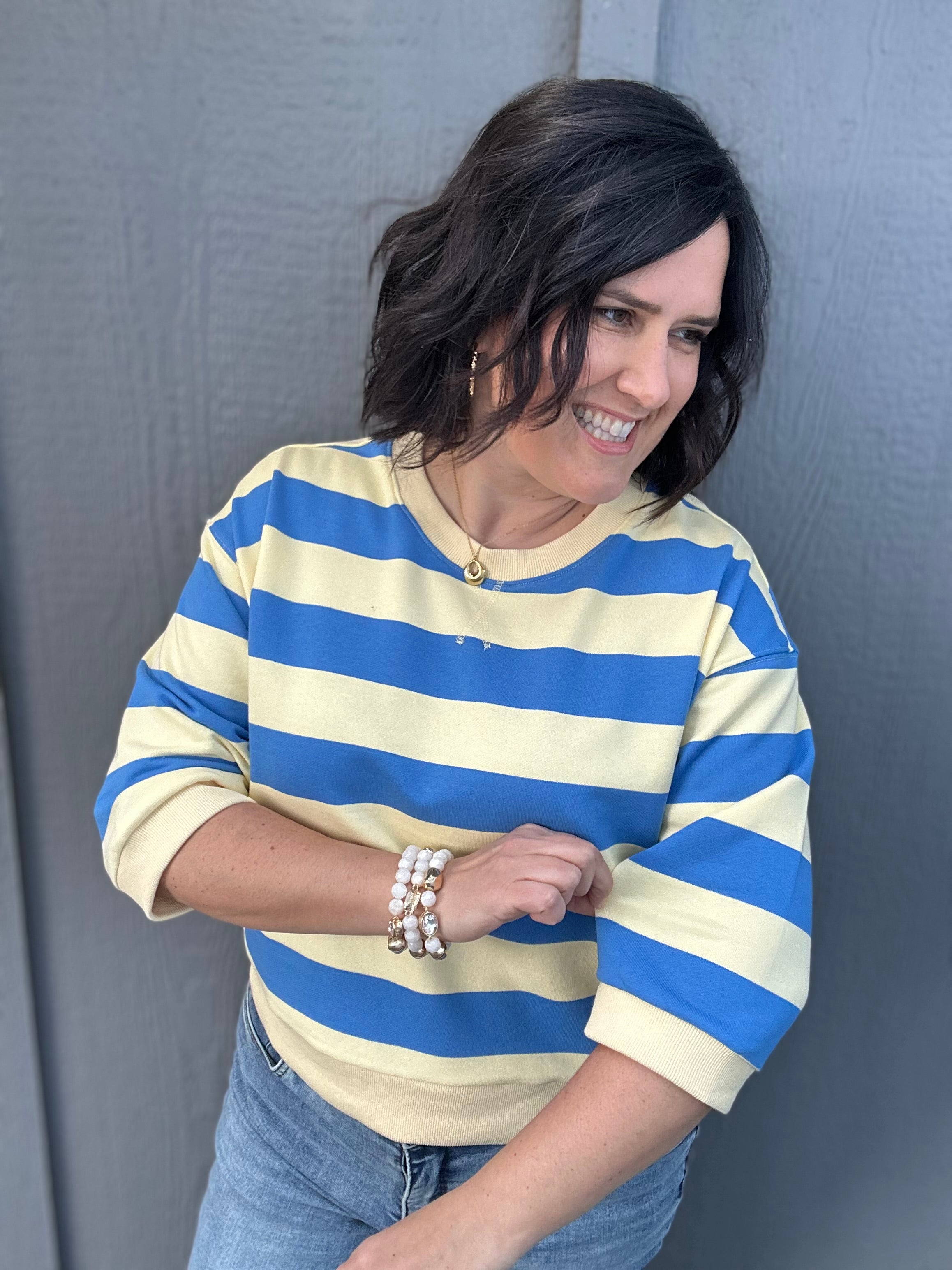 Yellow/Blue Striped Sweatshirt Top - Sweatshirt JODIFL