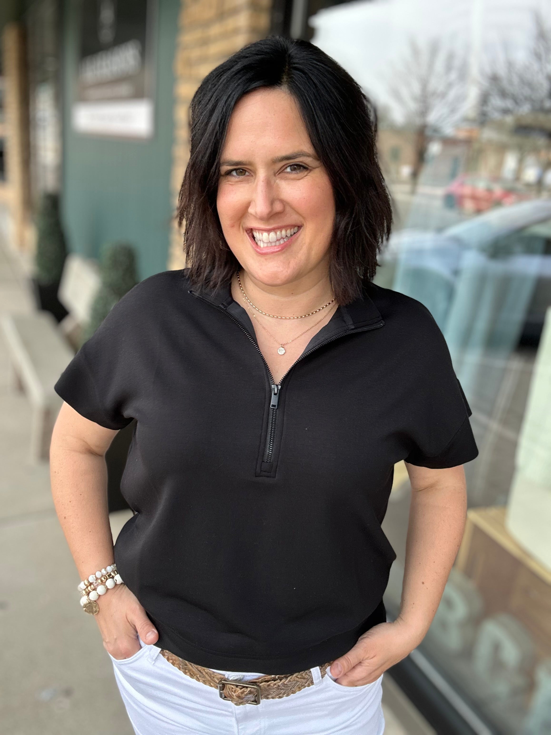 Black Quarter Zip Short Sleeve Top Top - Tee RAE MODE