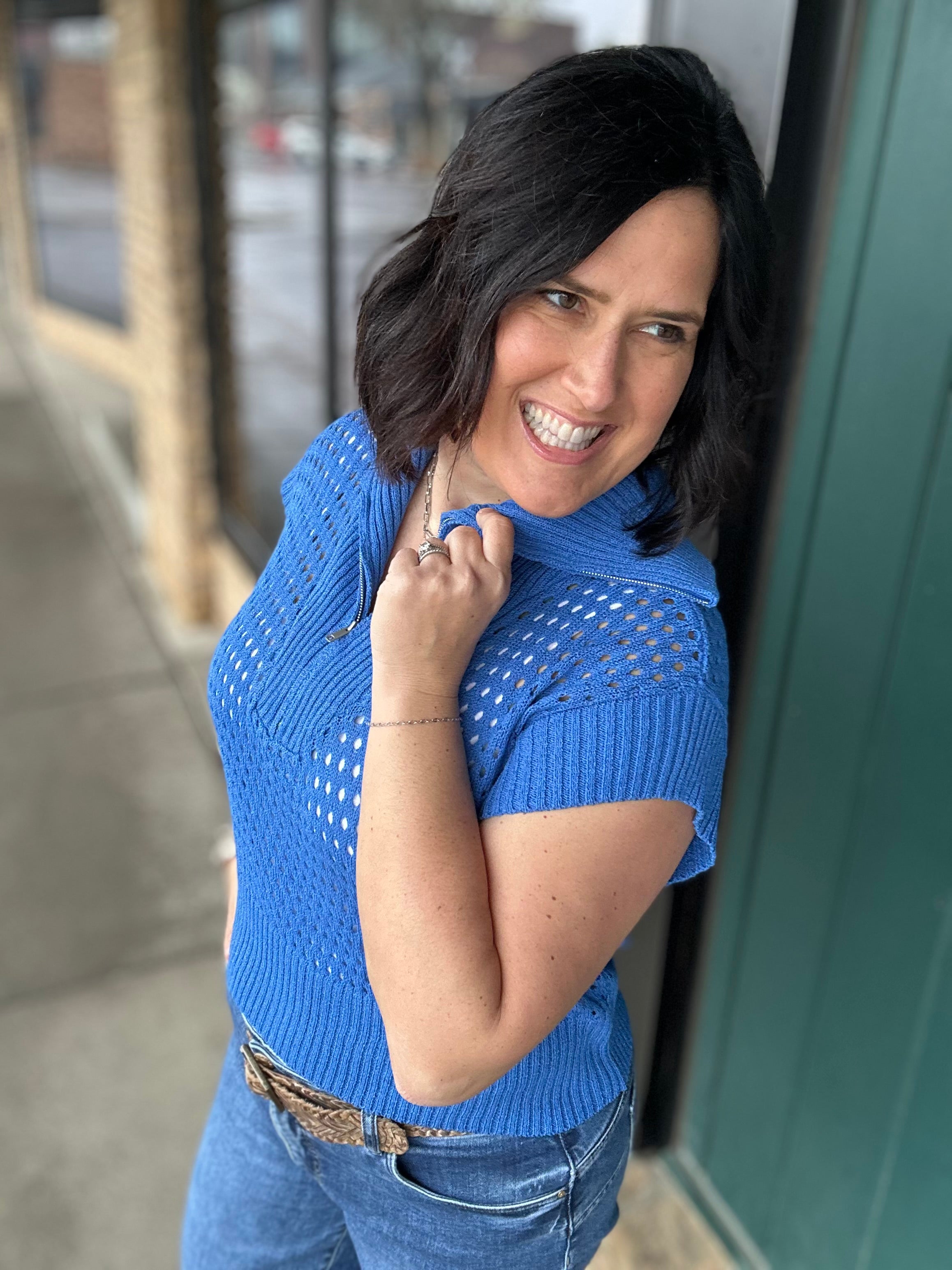 Royal Blue Zip Up Sweater Top - Sweater Mystree