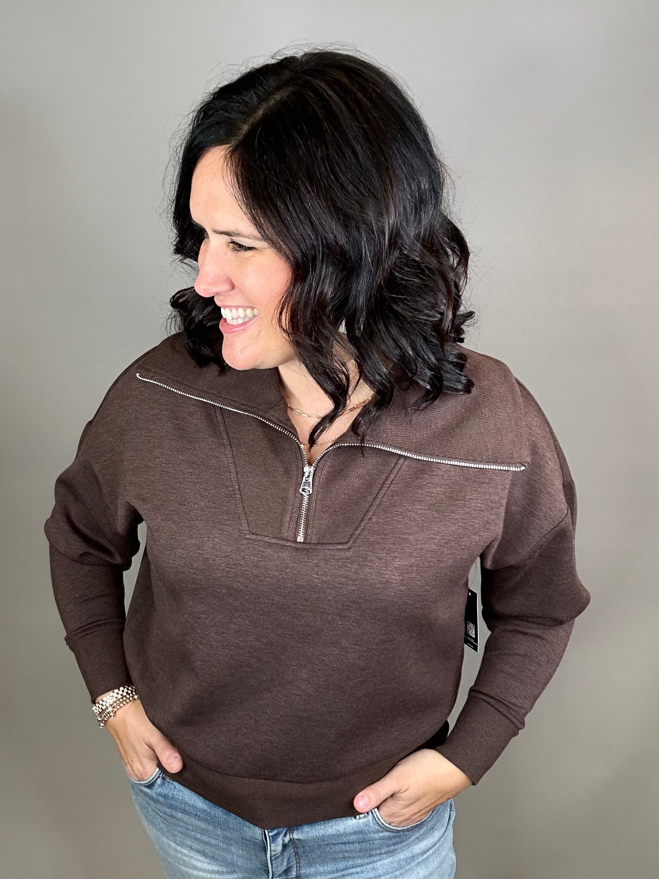 Umber Mel Luxe Half Zip Pullover Top - Sweatshirt RD International