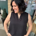 Black Ruffle V Neck Sleeveless Tops- Blouses STACCATO