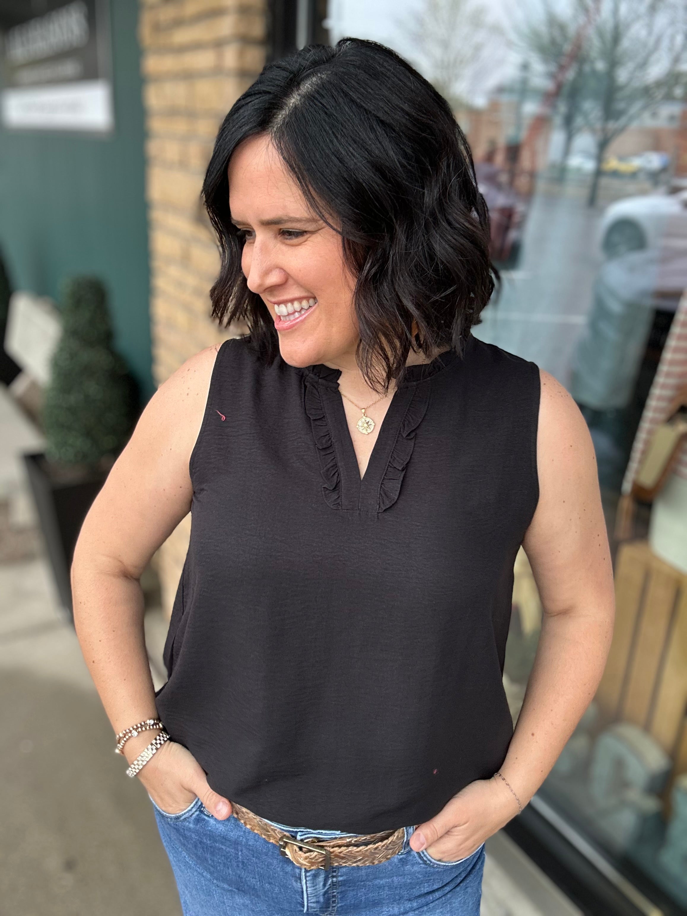 Black Ruffle V Neck Sleeveless Tops- Blouses STACCATO