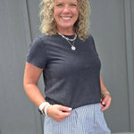 Striped Charcoal Cuffed Shorts Bottoms - Shorts DOE & RAE