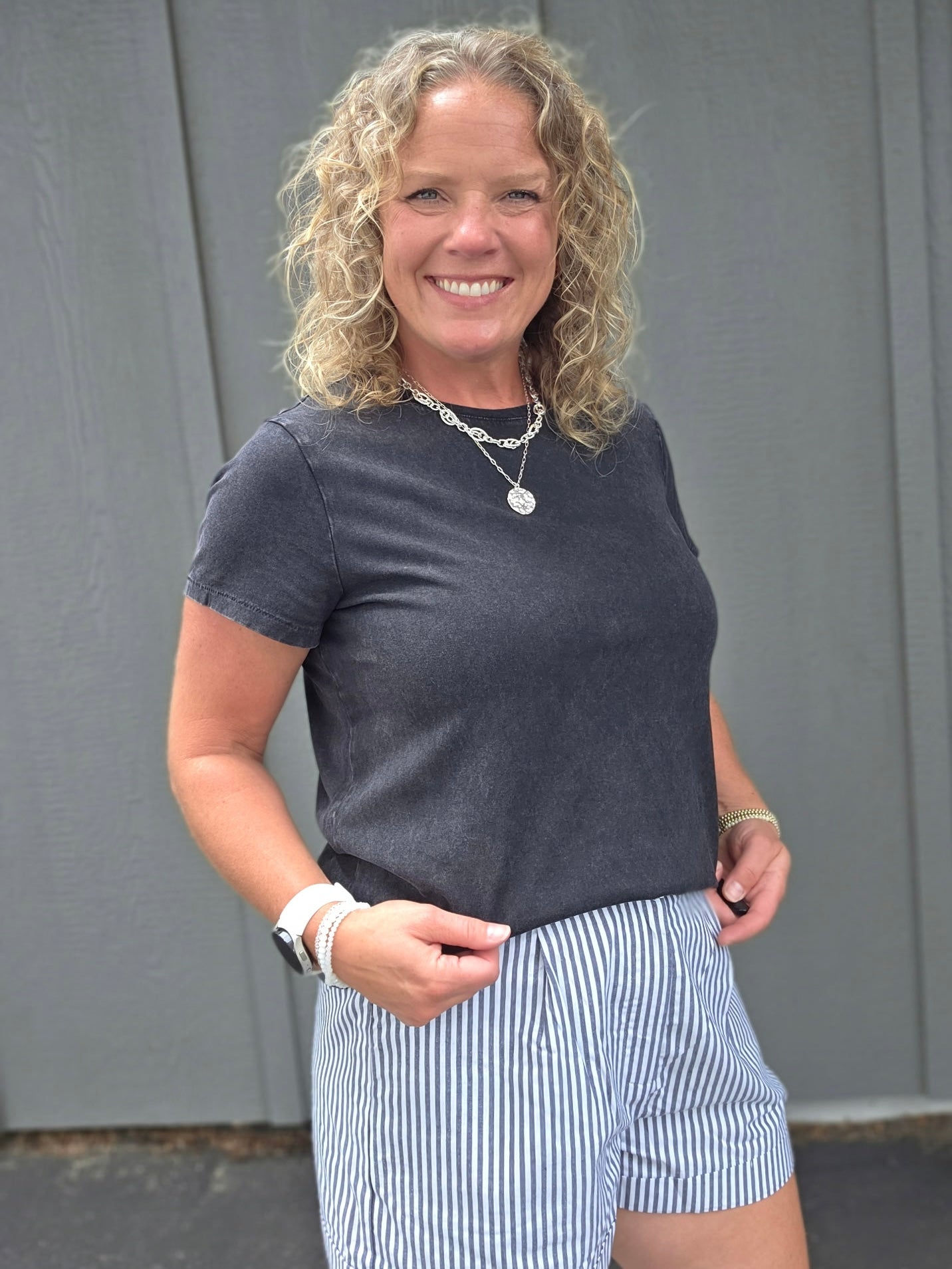Striped Charcoal Cuffed Shorts Bottoms - Shorts DOE & RAE