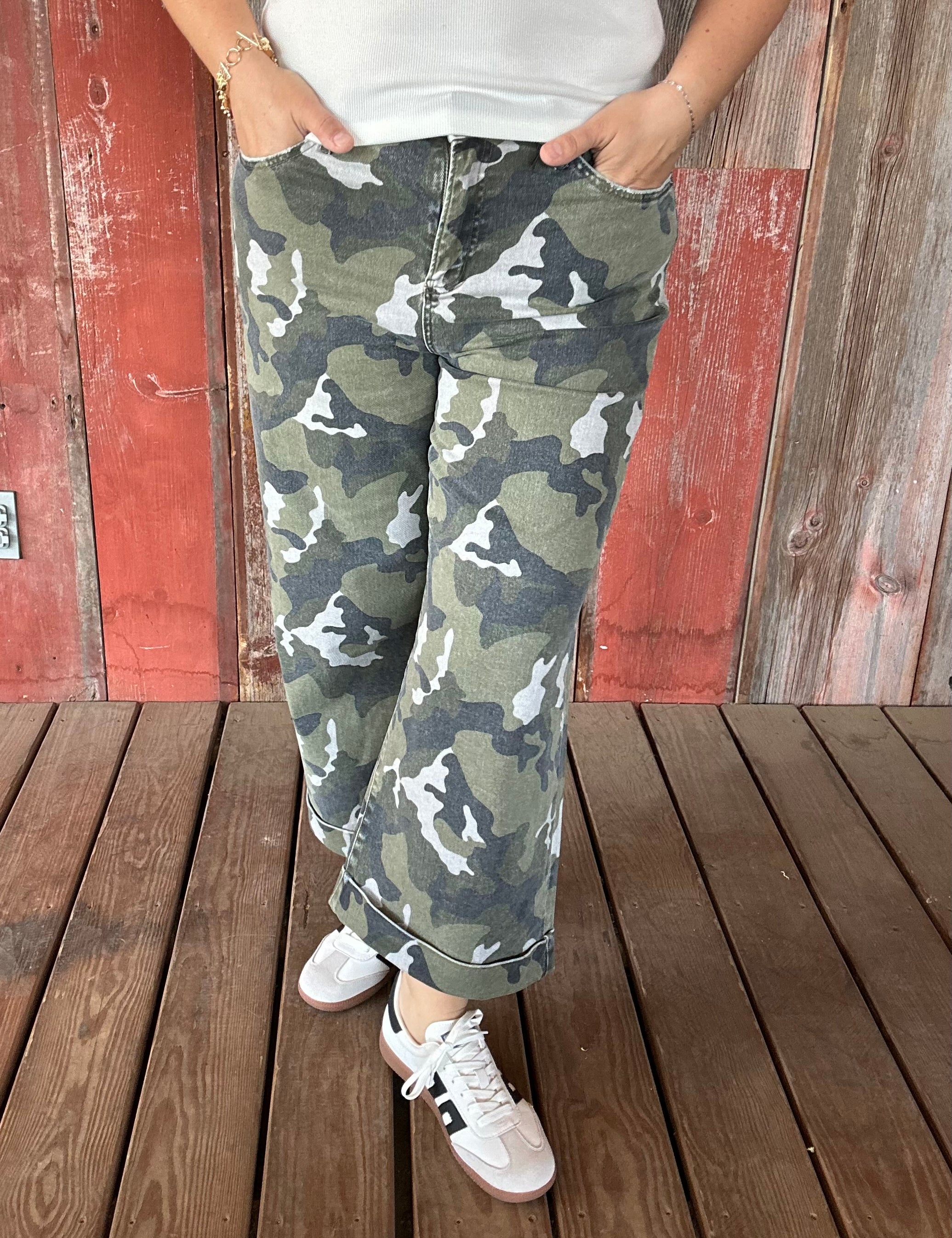 Green Camo Wide Leg Jeans Bottoms - Pants MICA DENIM