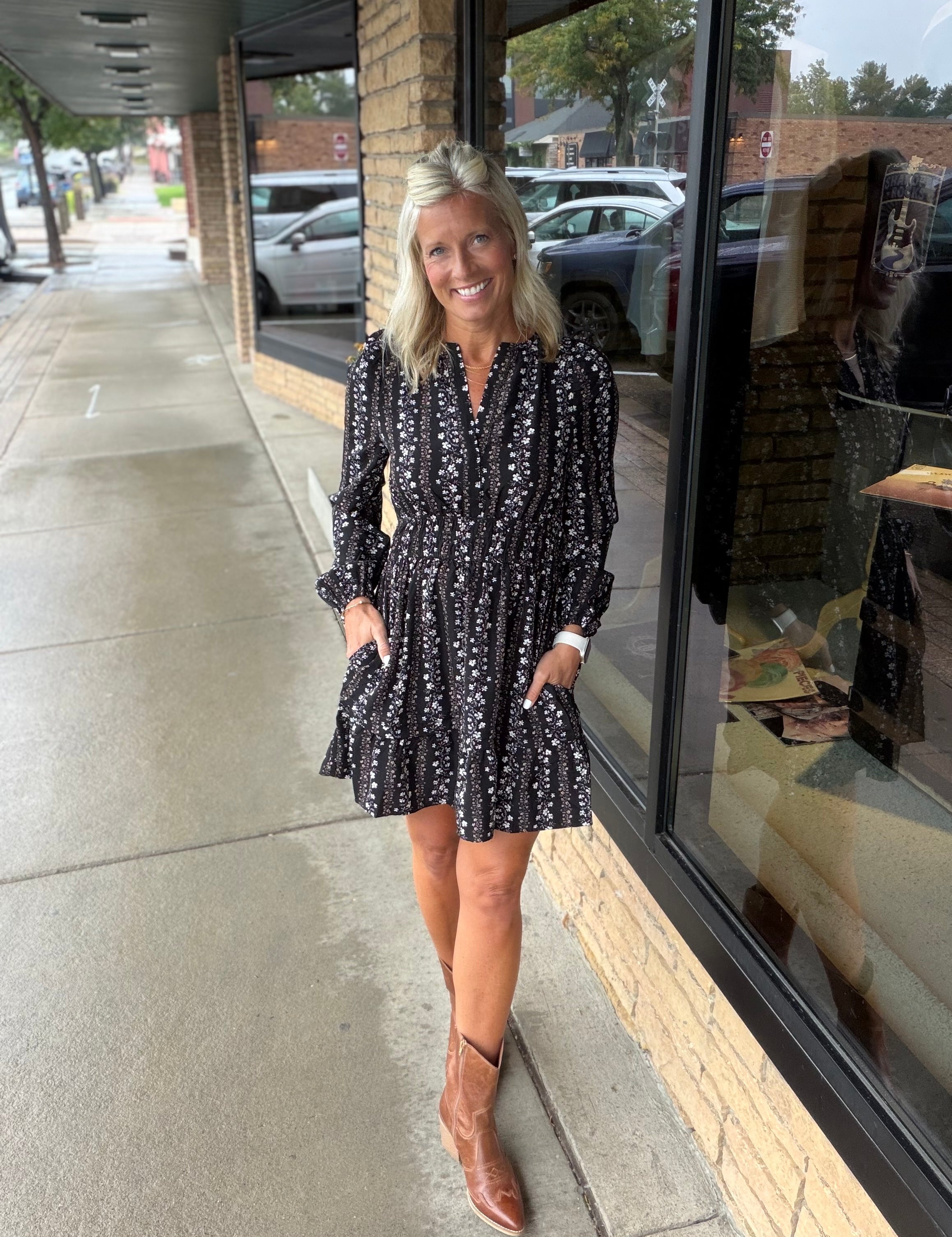 Black Floral Smocking Tiered Dress DOE & RAE
