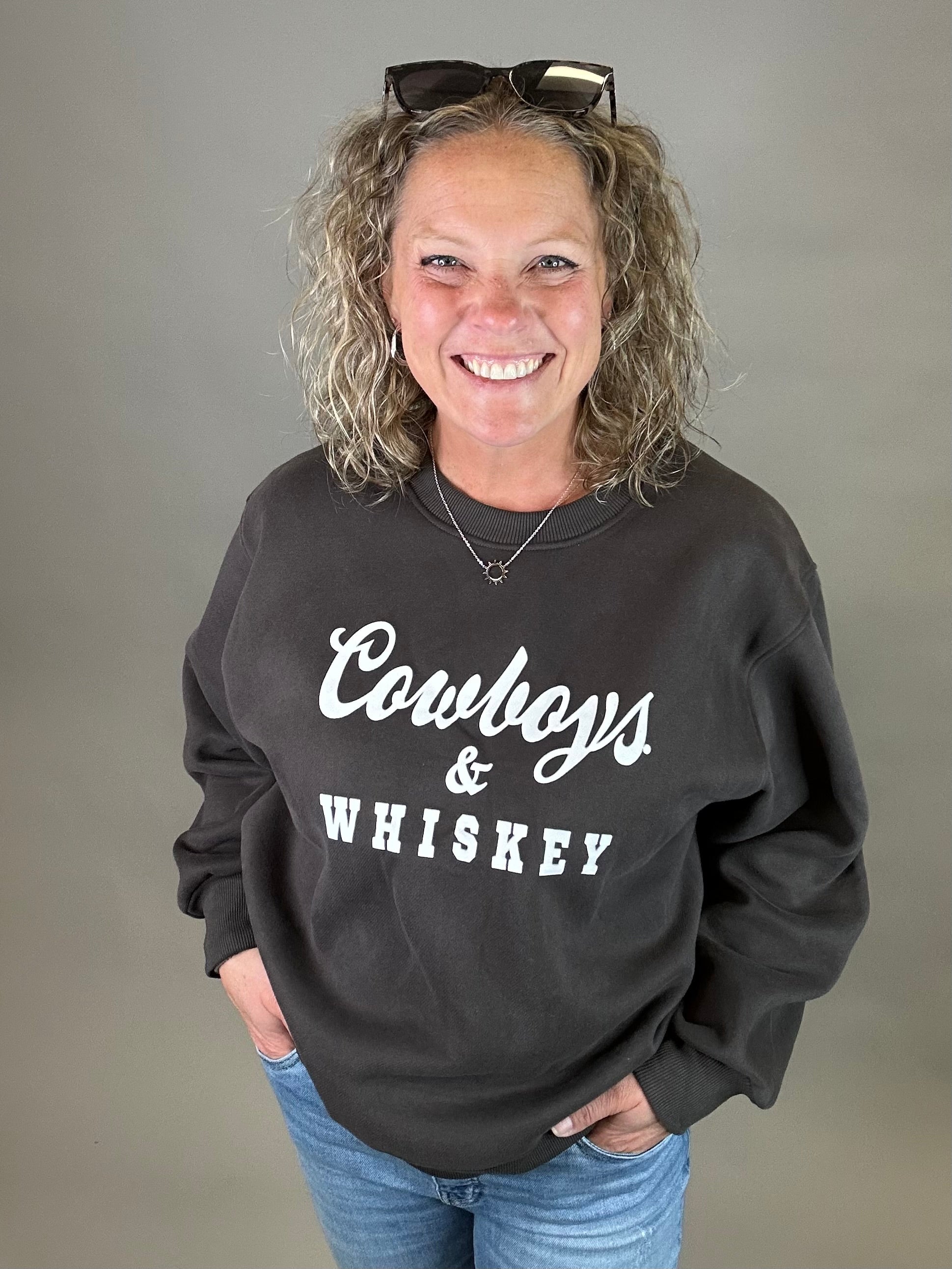 Charcoal Whiskey & Cowboys Sweatshirt Top- Sweatshirt PANACHE