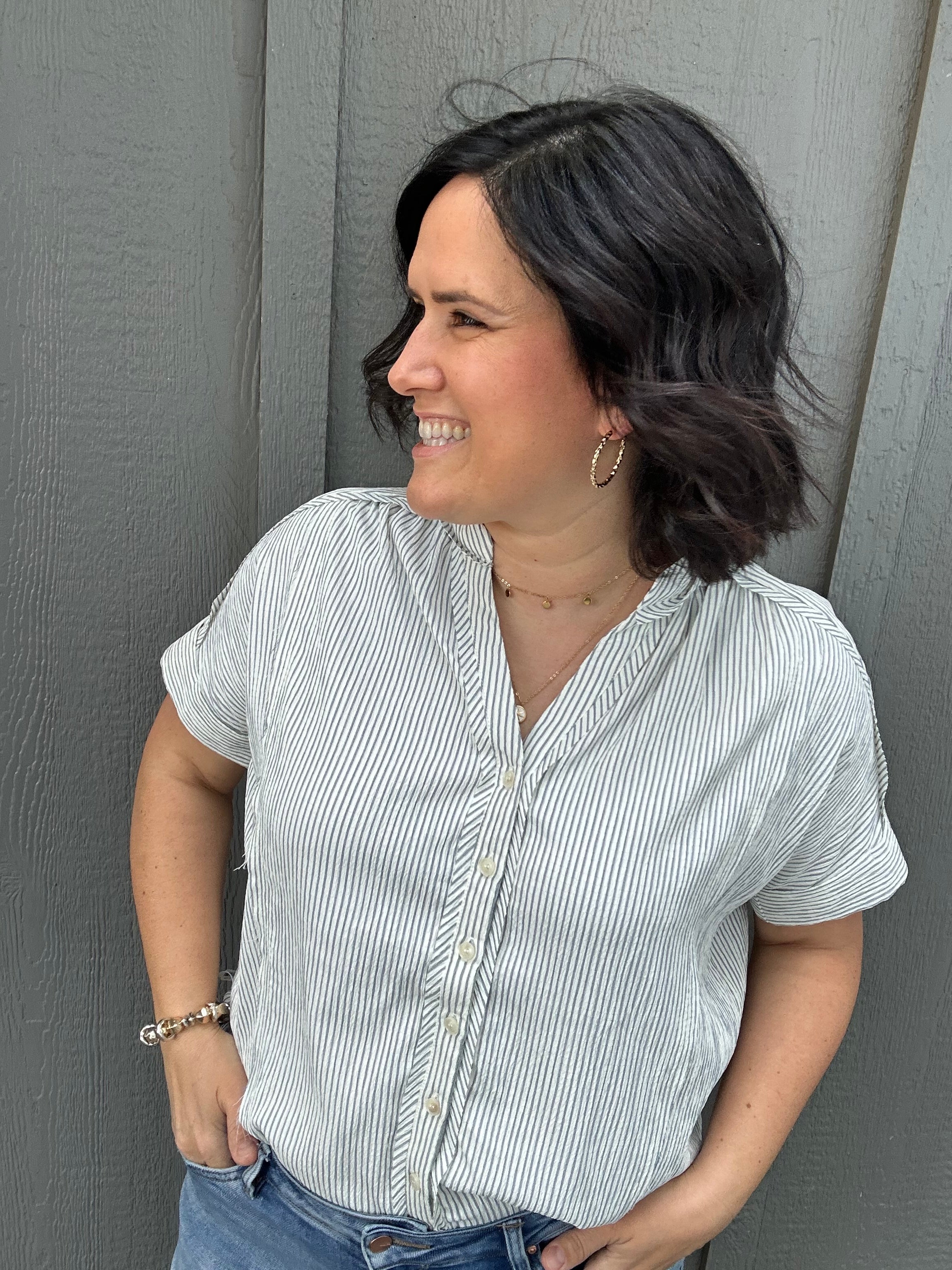 Blue Stripe Button Down Top Tops - Button Ups Doe and Rae