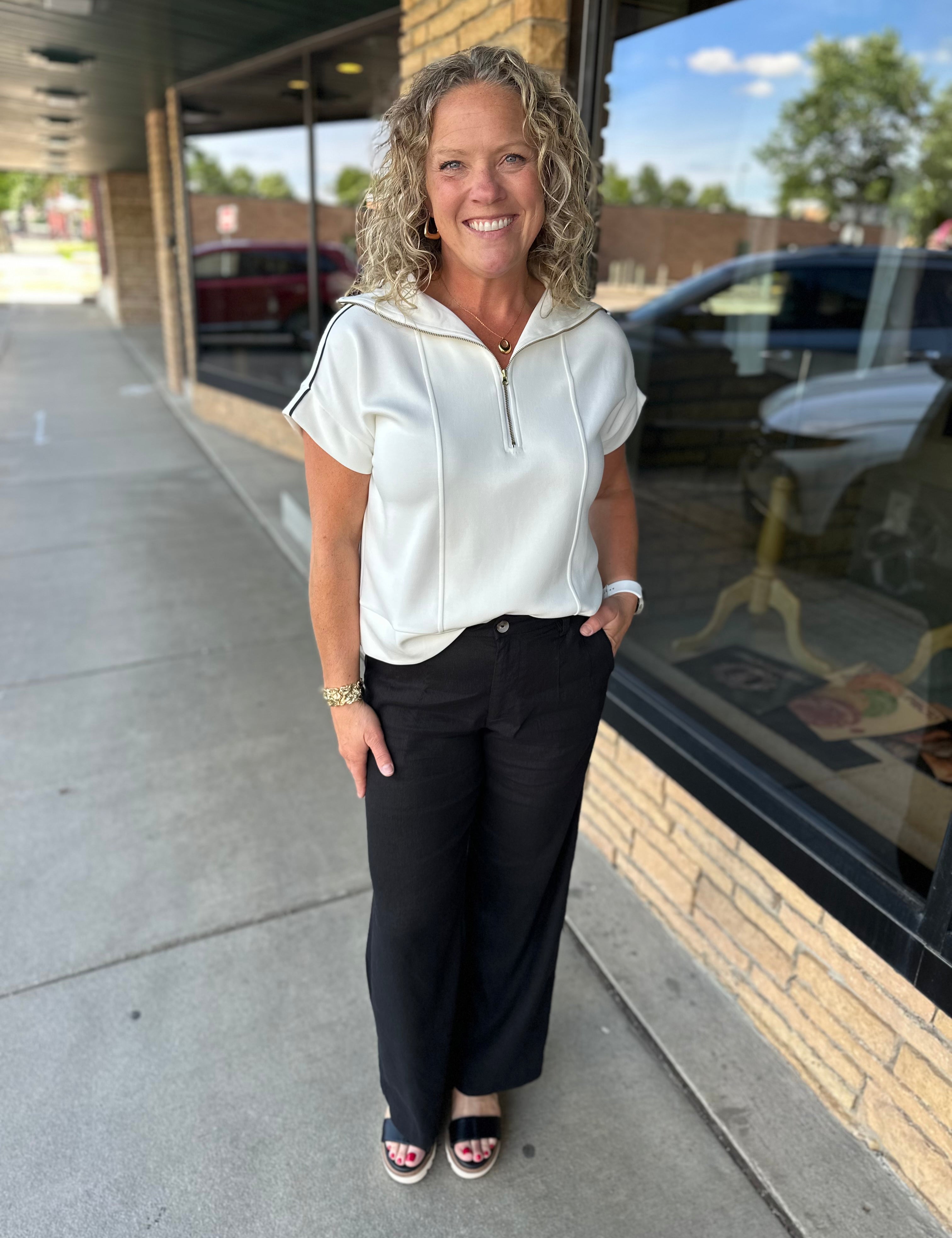 Ivory Midnight Piping Zip Top Top - Tee DOE & RAE