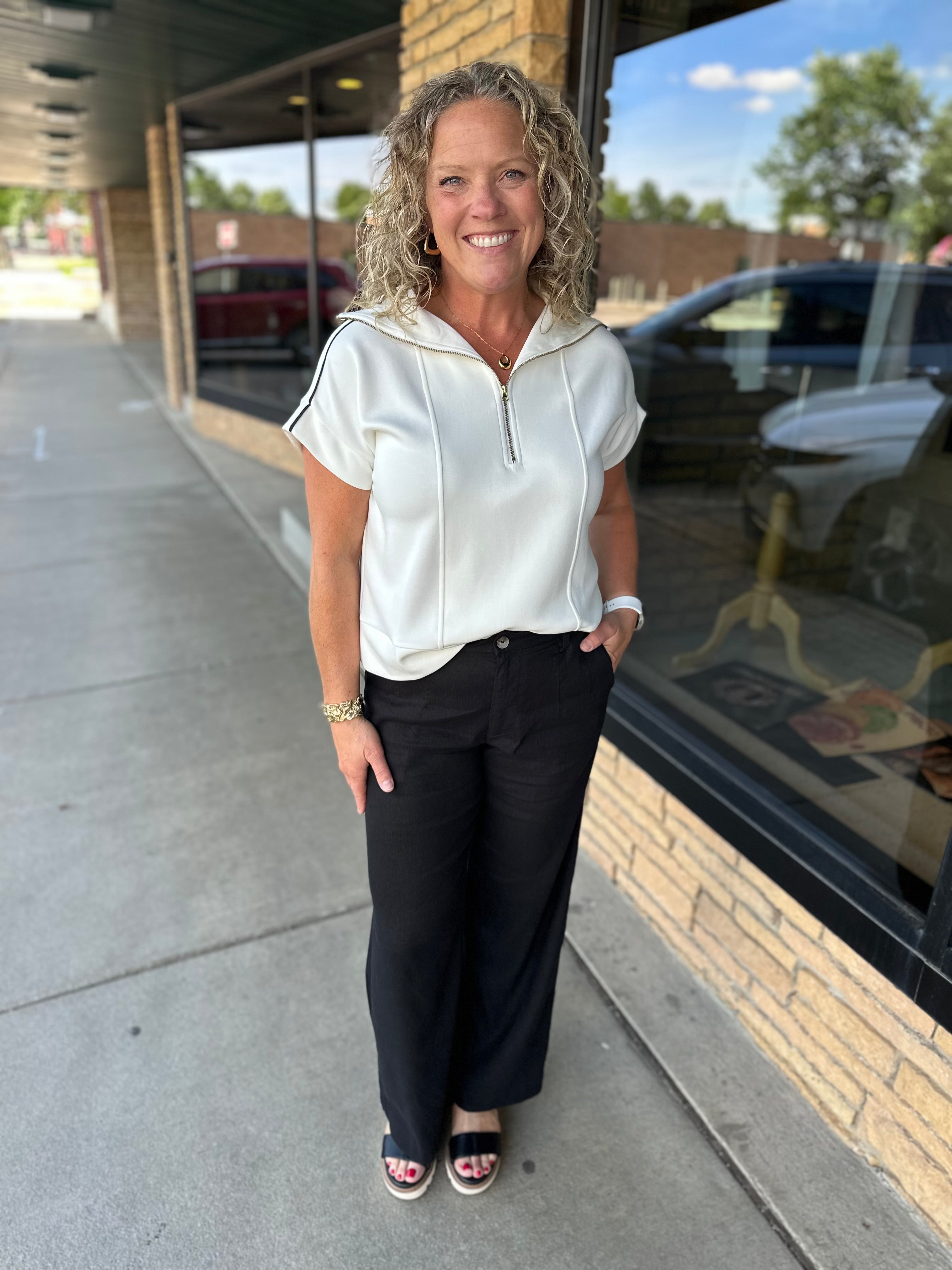 Ivory Midnight Piping Zip Top Top - Tee DOE & RAE