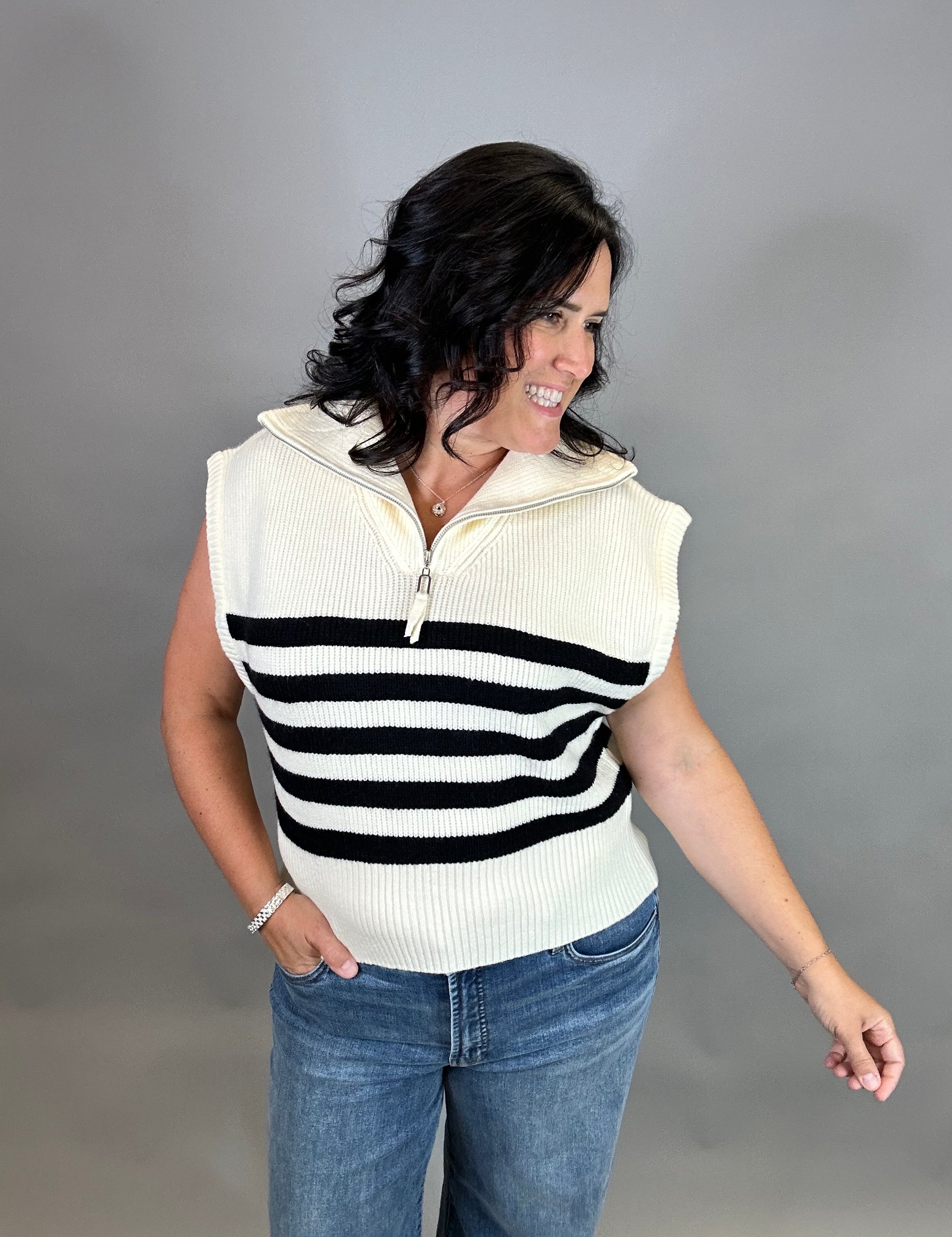 Ivory Striped Half Zip Sweater Top Top - Sweater DOE & RAE