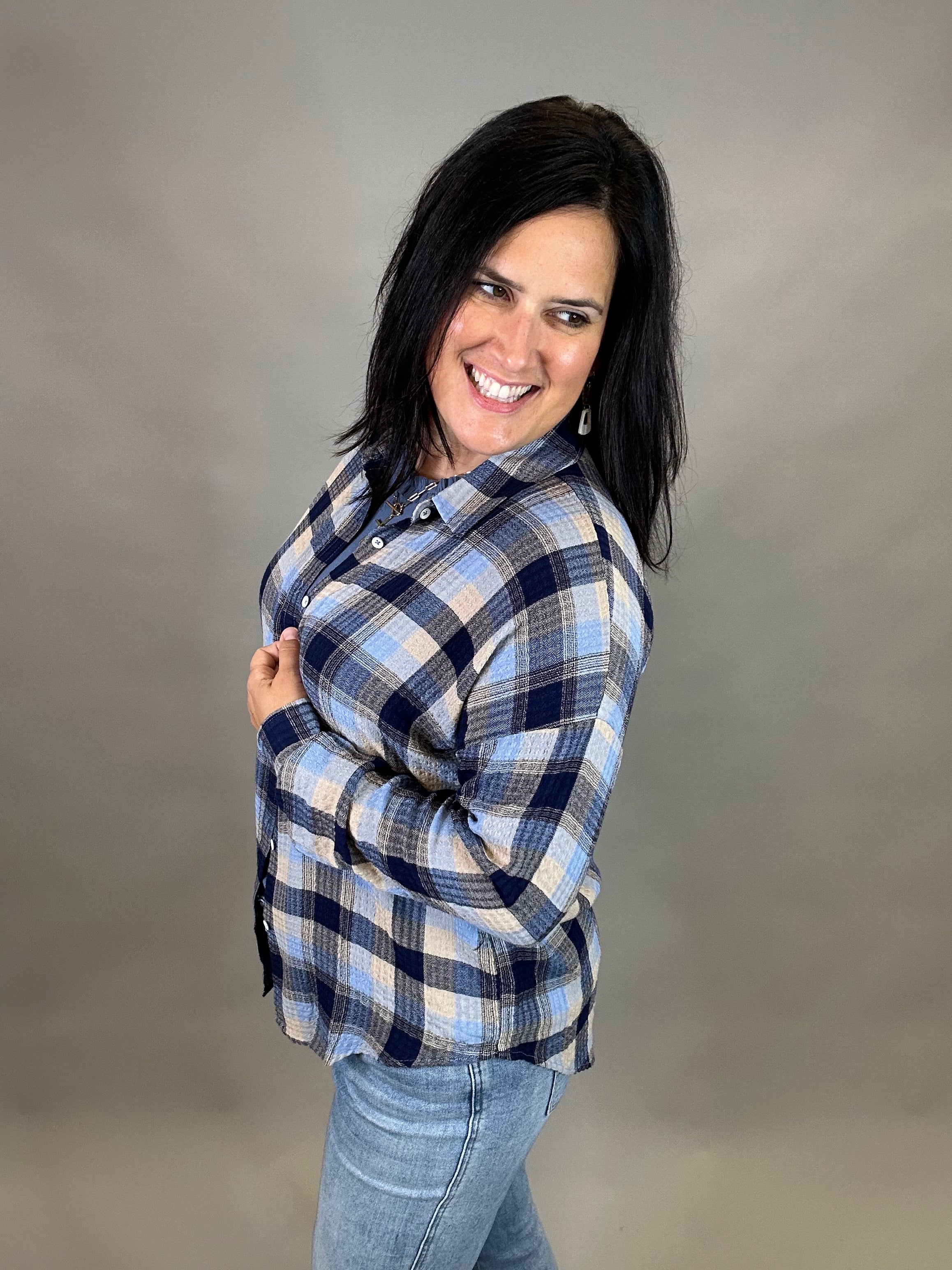 Navy/Blue Leetonia Boyfriend Top Tops - Button Ups FLAG AND ANTHEM