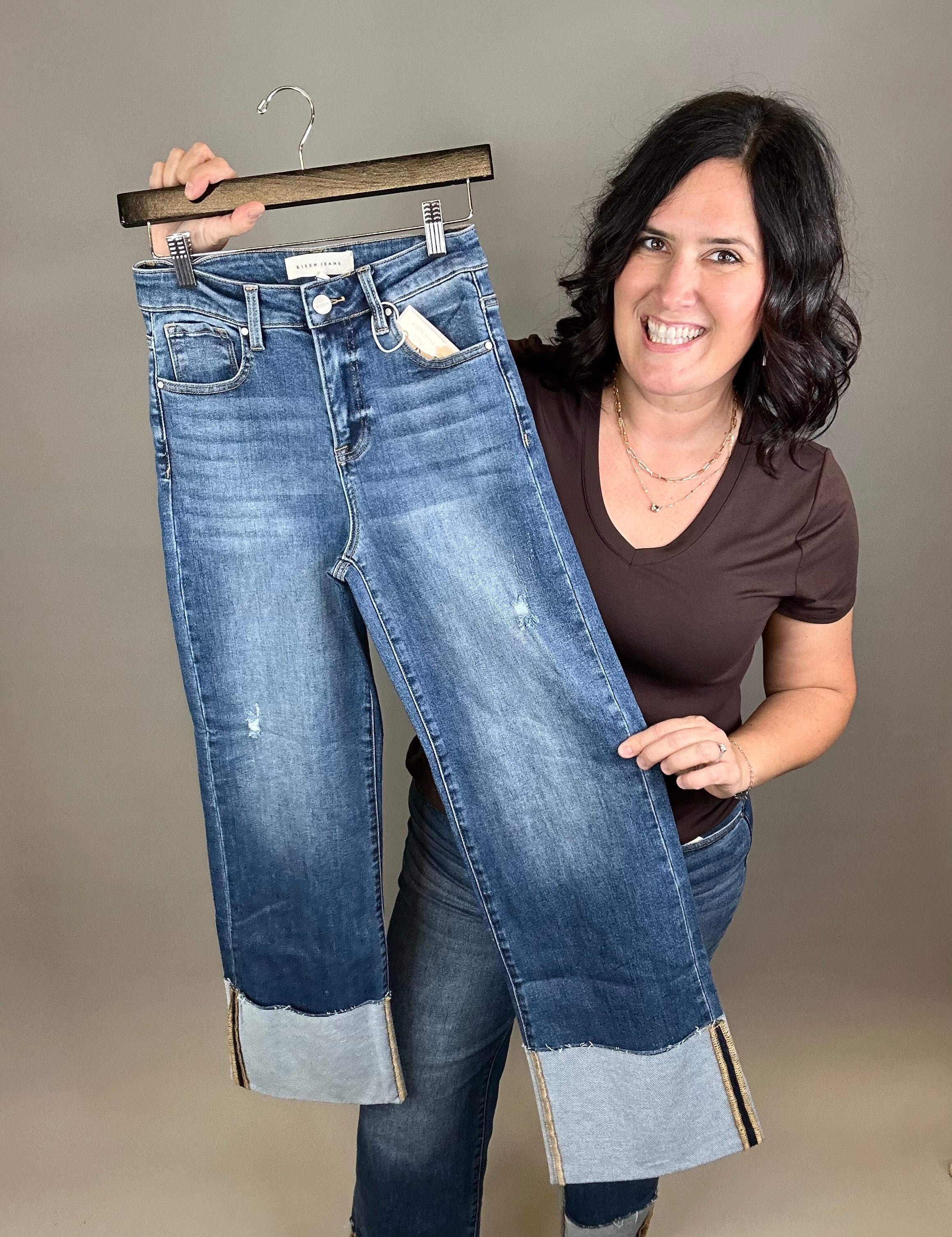 Dark Ankle Wide Cuffed Jeans Bottom- Pants RISEN