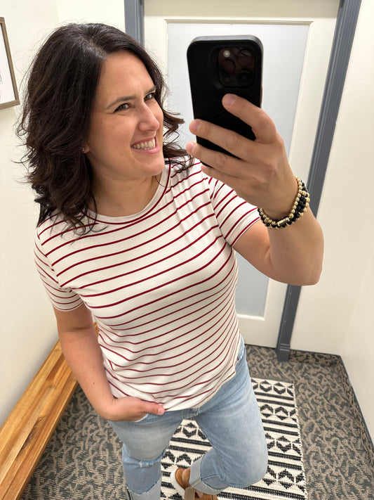 Ivory and Red Striped Top