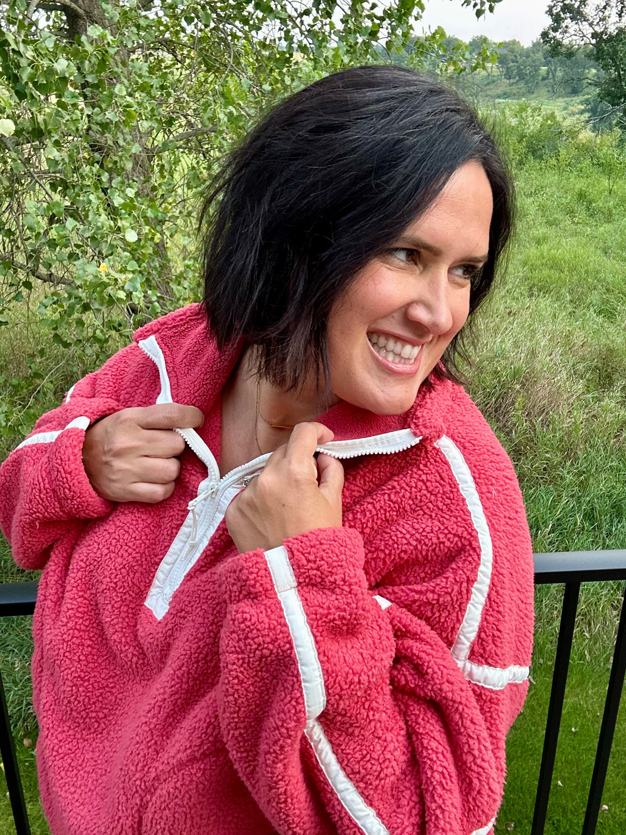 Washed Cherry Sherpa Quarter Zip Pullover Top - Sweatshirt MIOU MUSE