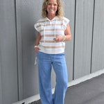 Ivory/Mocha Striped Half Button Hoodie Sweater Top - Sweater STACCATO