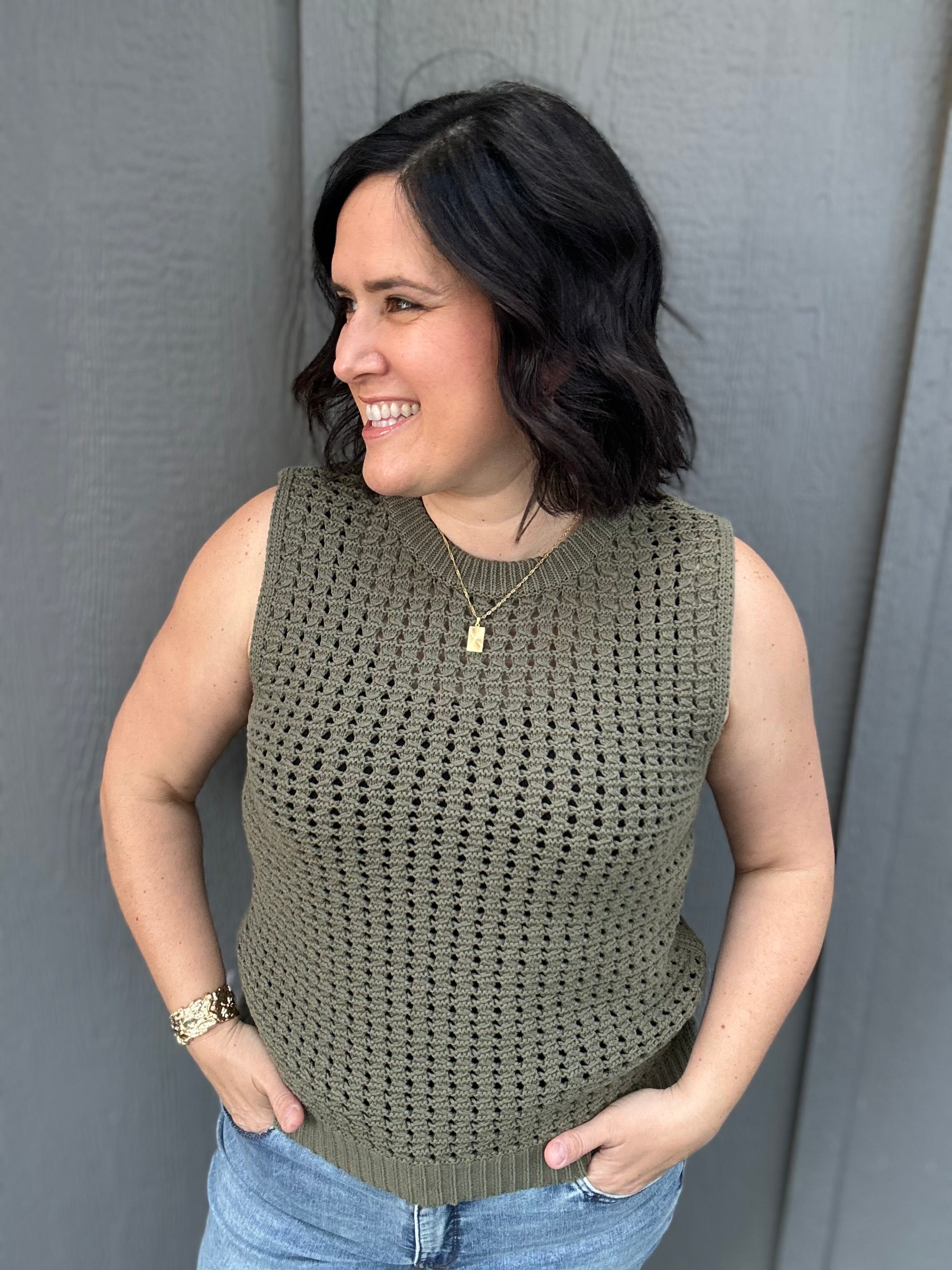 Olive Round Neck Sweater Top - Sweater FATE by LFD