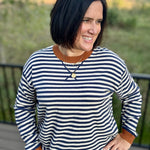 Navy Sand Stripe Contrast Collar Sweater Top - Sweater TRES BIEN