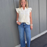 Cream Flutter Sleeve Button Down Top Tops- Blouses THML