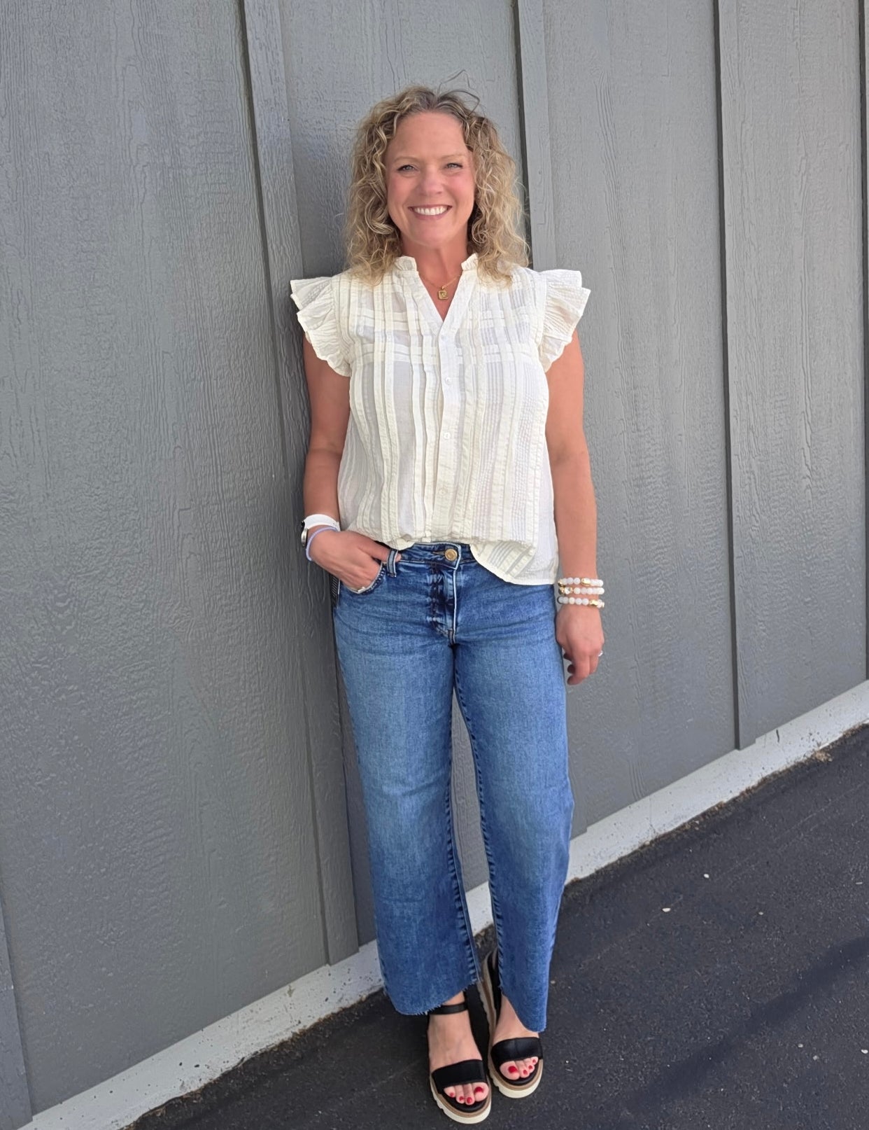 Cream Flutter Sleeve Button Down Top Tops- Blouses THML