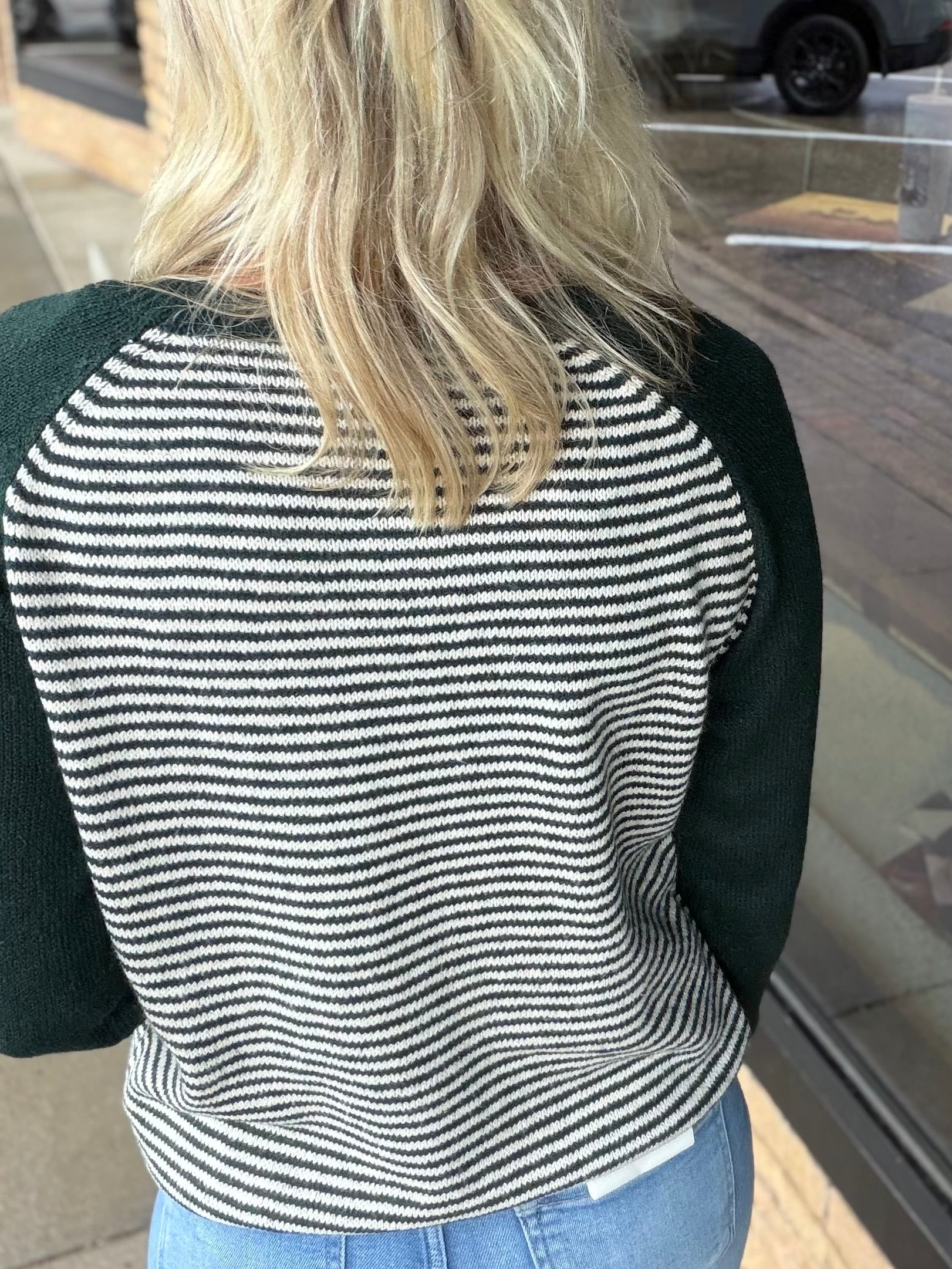 Forest & Taupe Stripe Raglan Crew Sweater Top - Sweater STACCATO