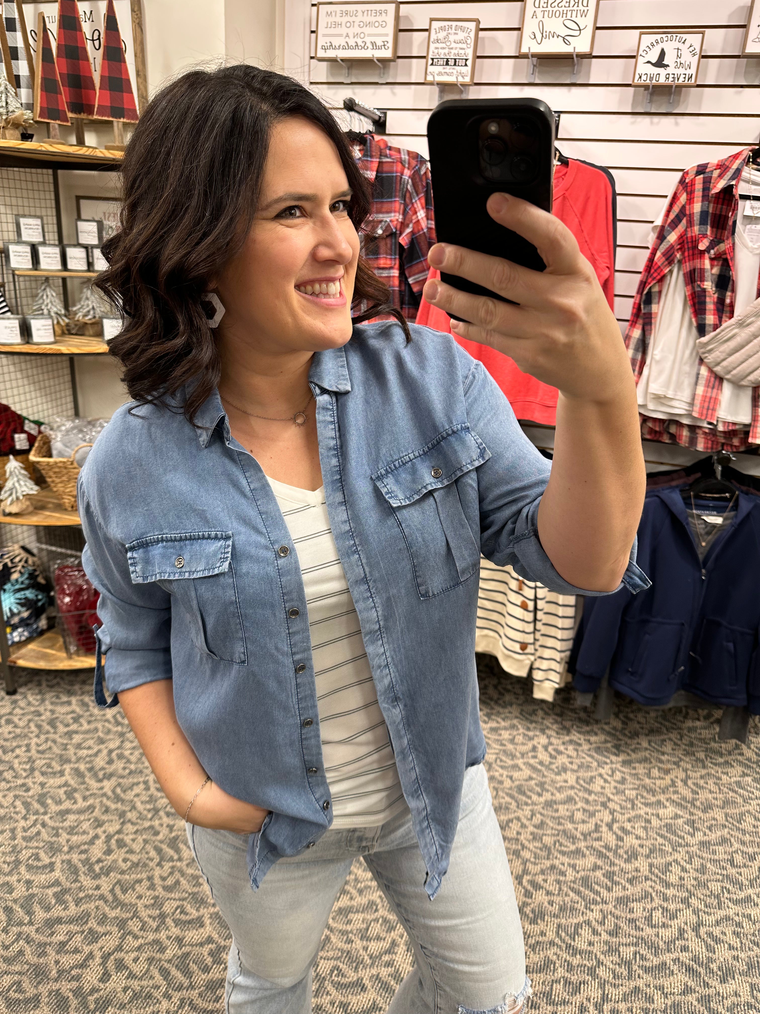 Blue Denim Tencel Shirt Tops - Button Ups DOE & RAE