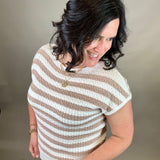 Ivory/Taupe Stripe Cable Knit Short Sleeve Sweater Top - Sweater STACCATO