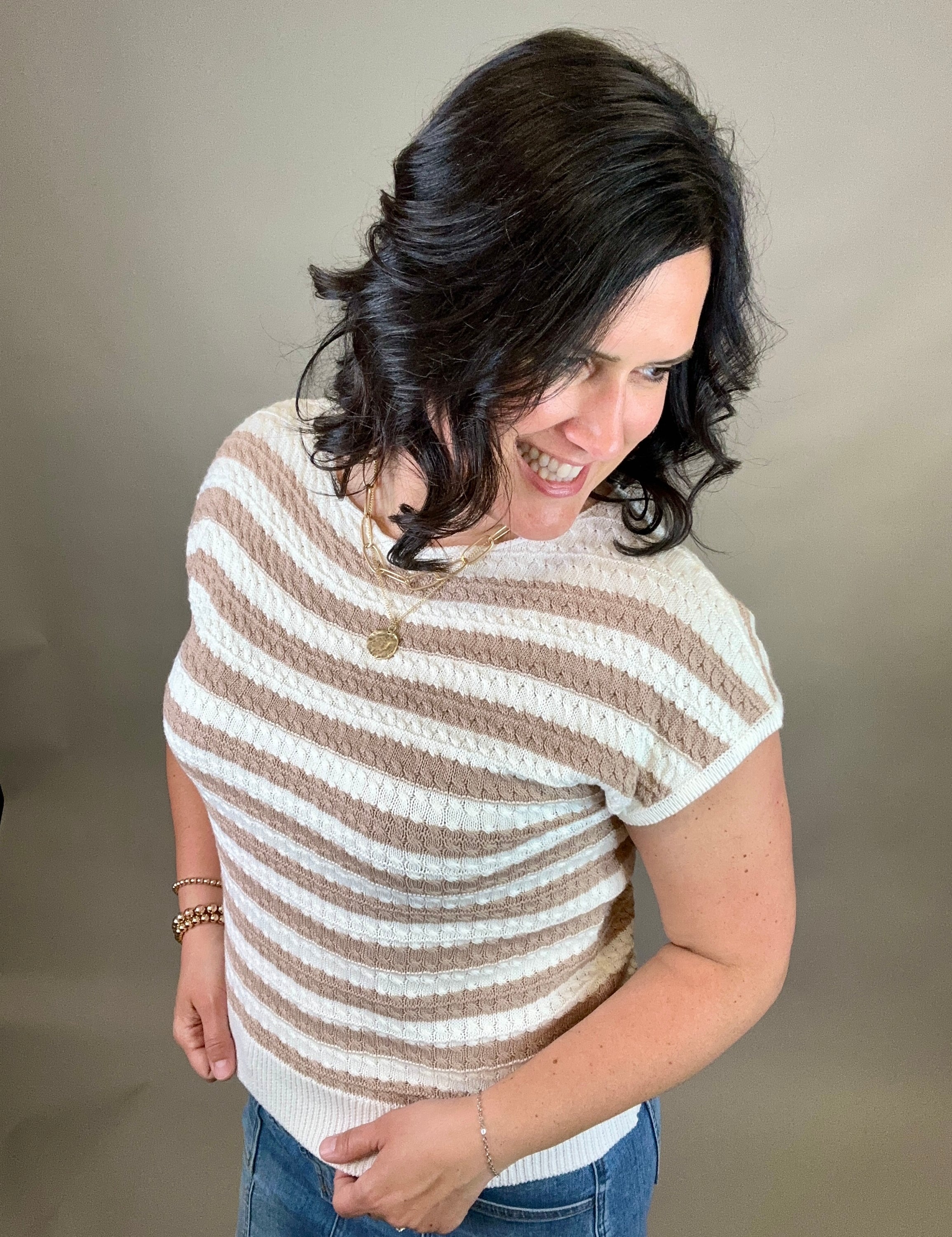 Ivory/Taupe Stripe Cable Knit Short Sleeve Sweater Top - Sweater STACCATO