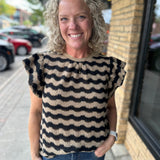 Camel & Black Wavy Stripe Ruffle Sleeve Top