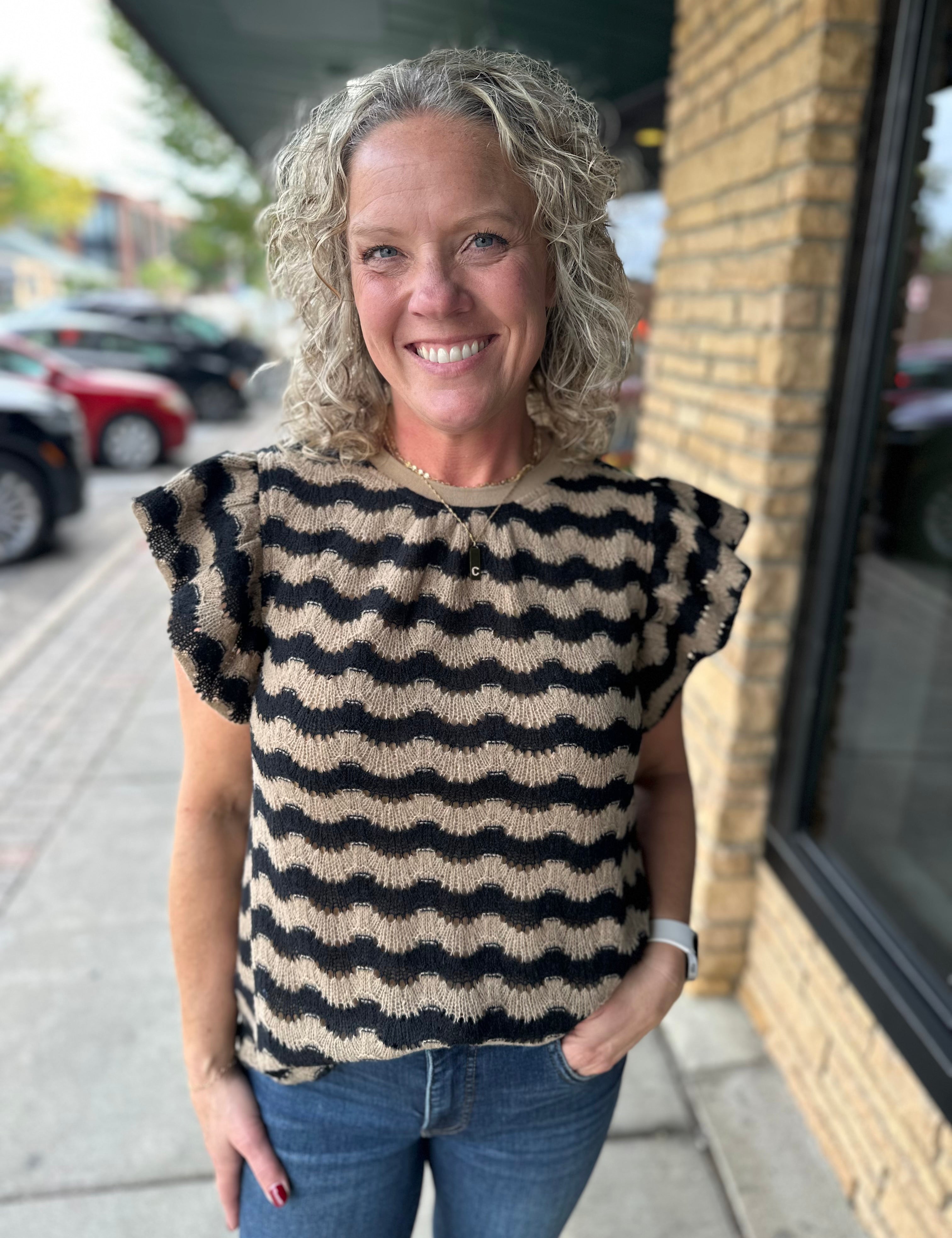 Camel & Black Wavy Stripe Ruffle Sleeve Top Top - Sweater VOY