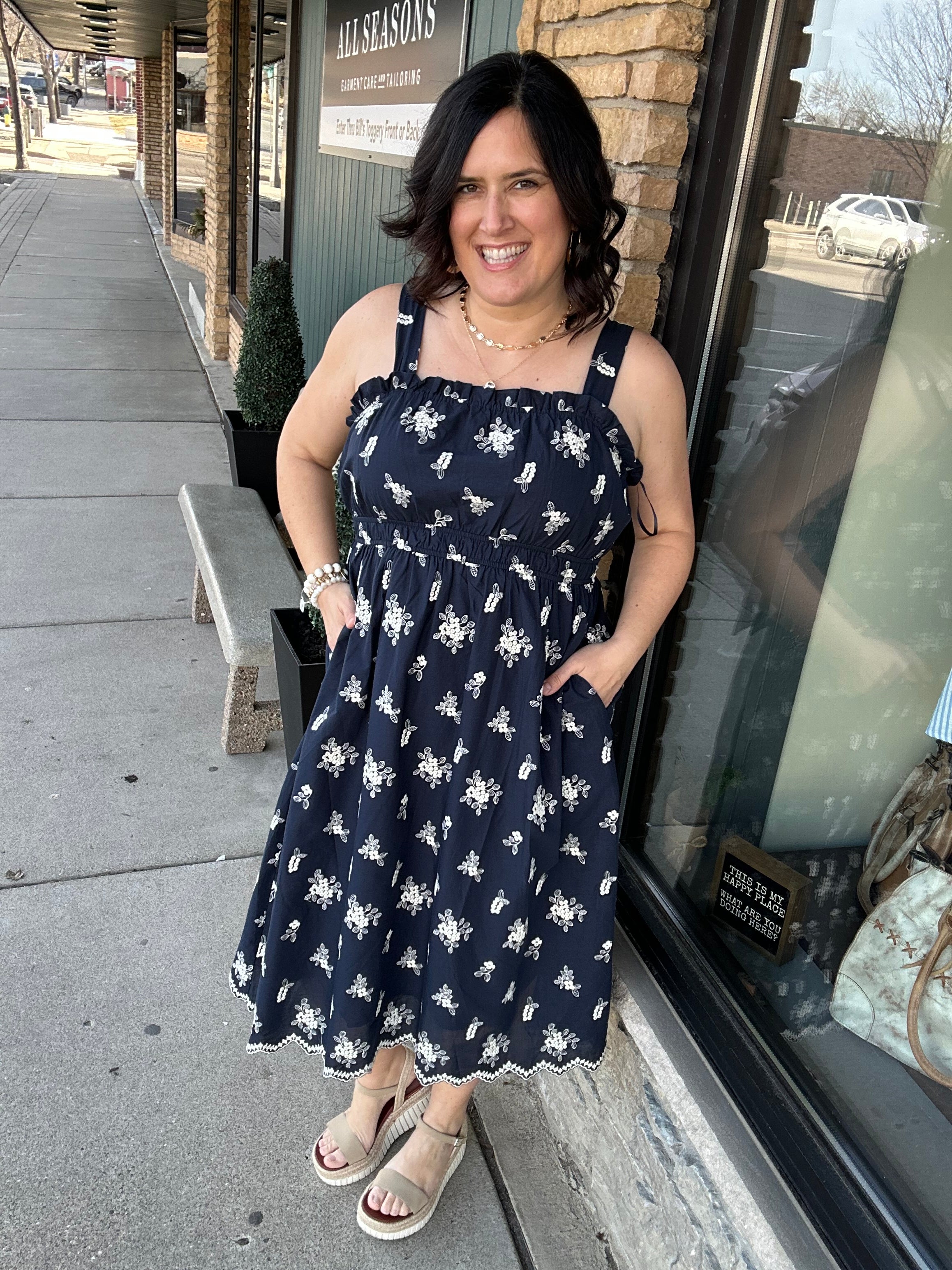 Navy Emroidered Eyelet Tie Dress Dresses DOE & RAE