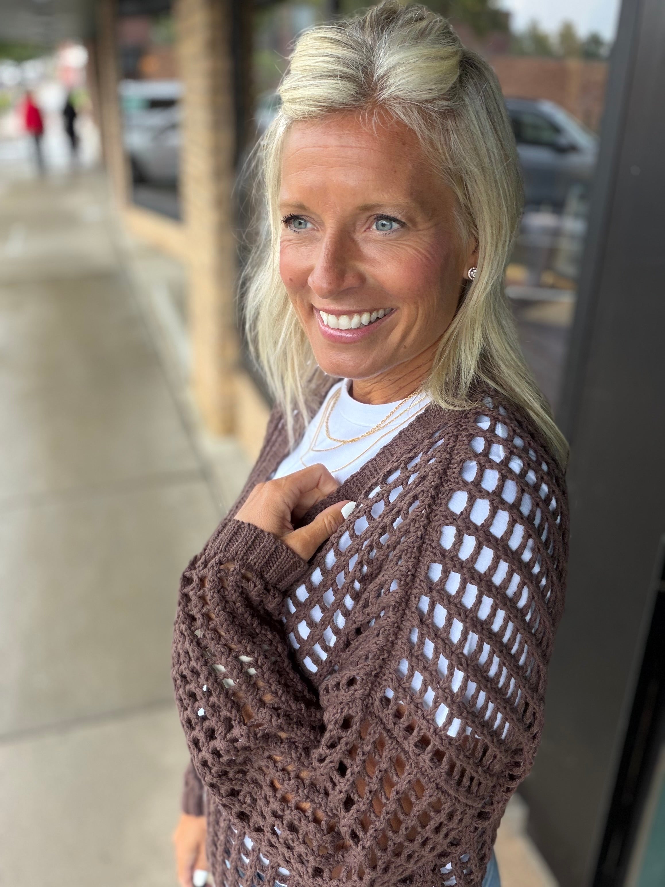 Espresso Crochet Open Cardigan DOE & RAE