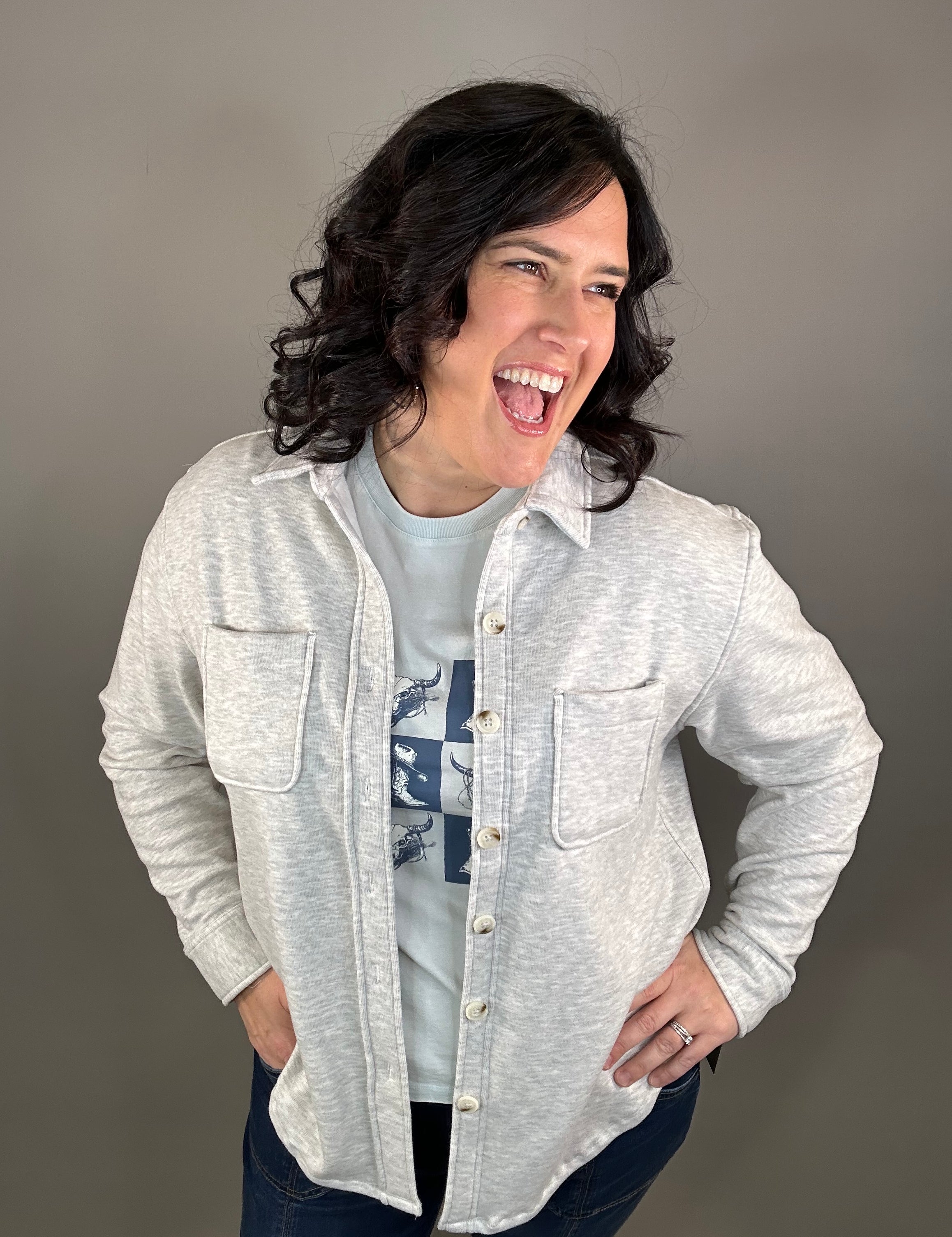 Heather Grey Plush Shacket Outerwear - Shacket FLAG AND ANTHEM