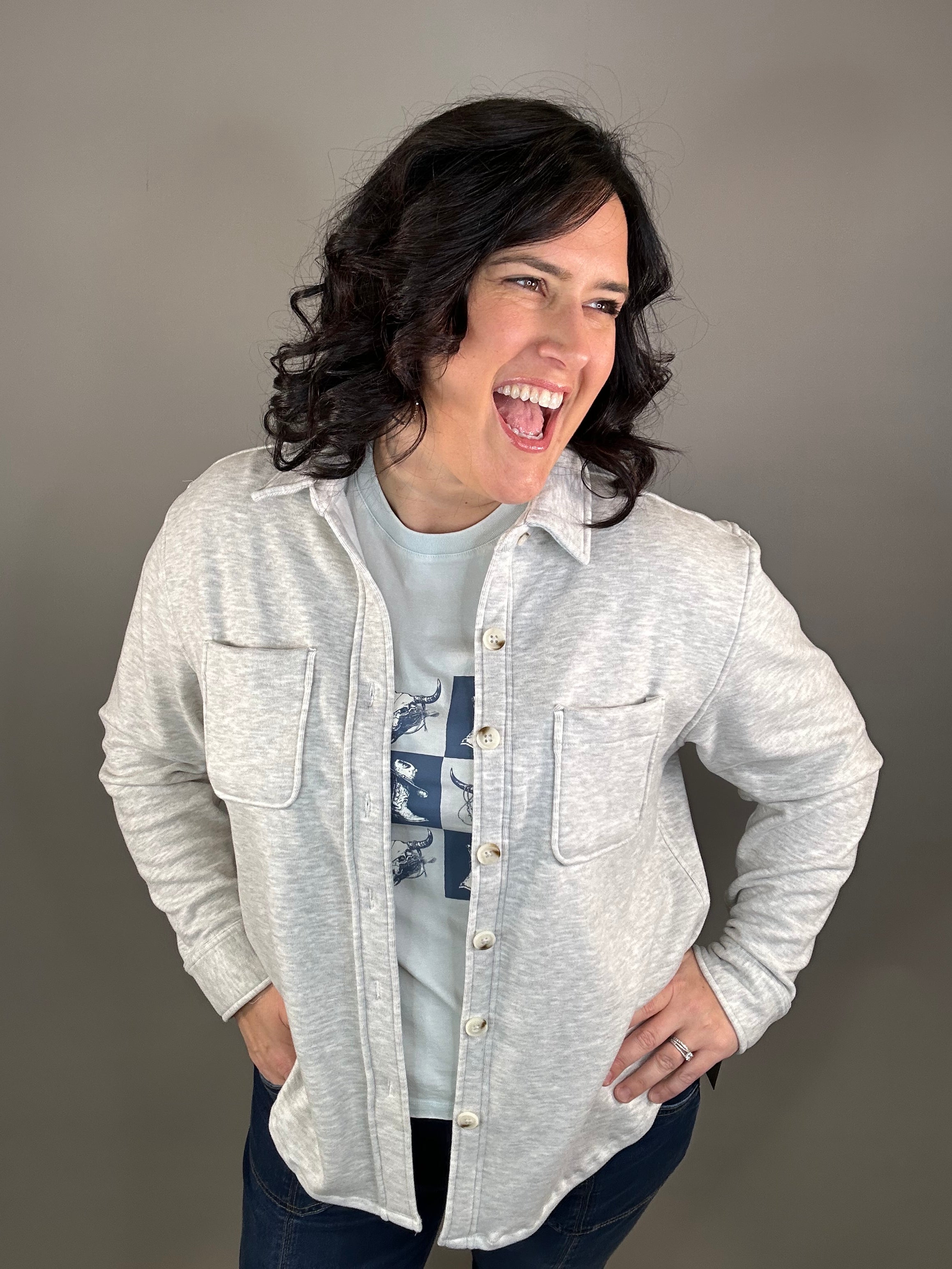 Heather Grey Plush Shacket Outerwear - Shacket FLAG AND ANTHEM