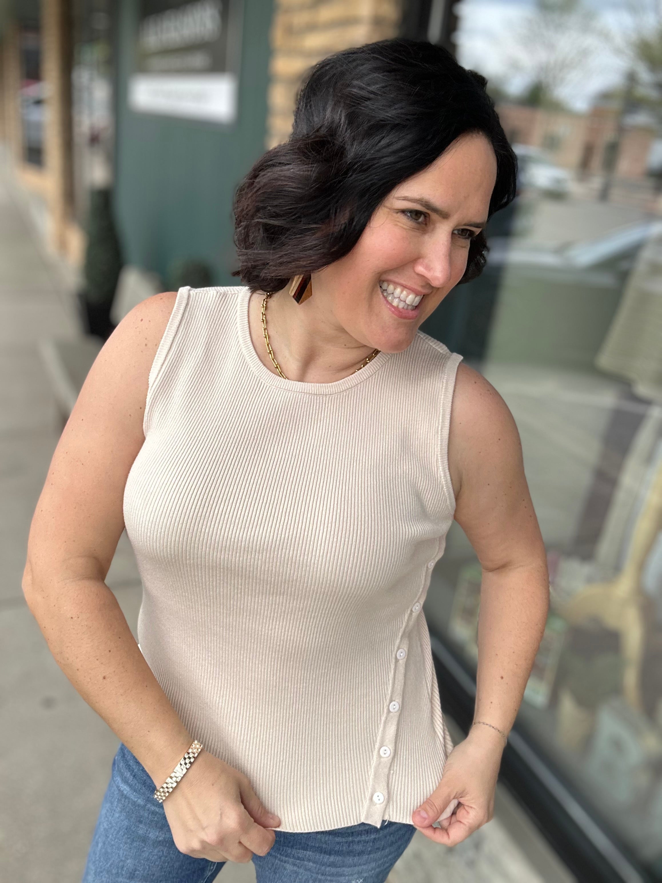 Beige Asymmetrical Button Ribbed Tank Tops- Tanks DOE & RAE